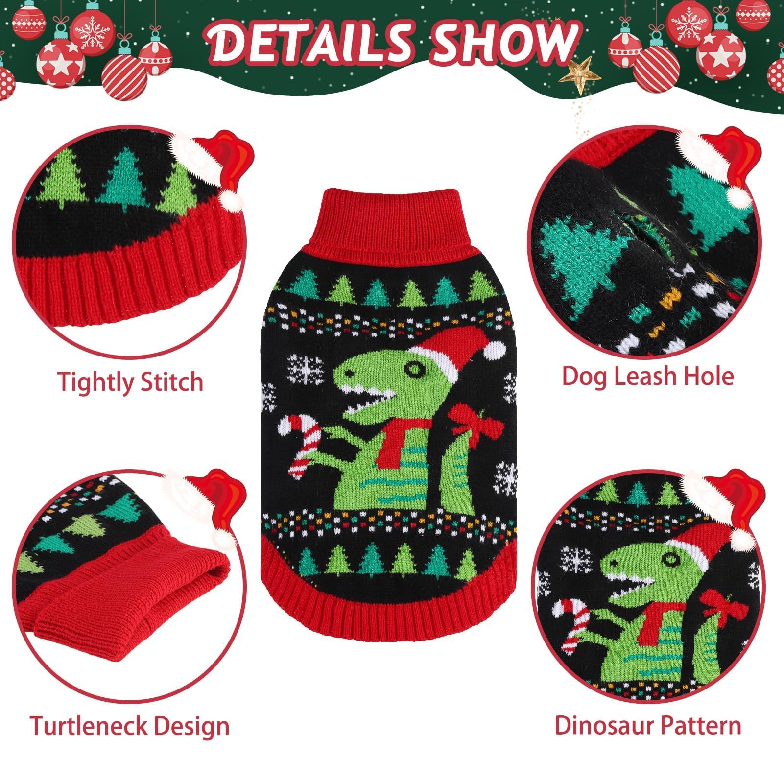 BINGPET dinosaur-pattern Christmas sweater with a bow on tail for eye-catching celebrations.