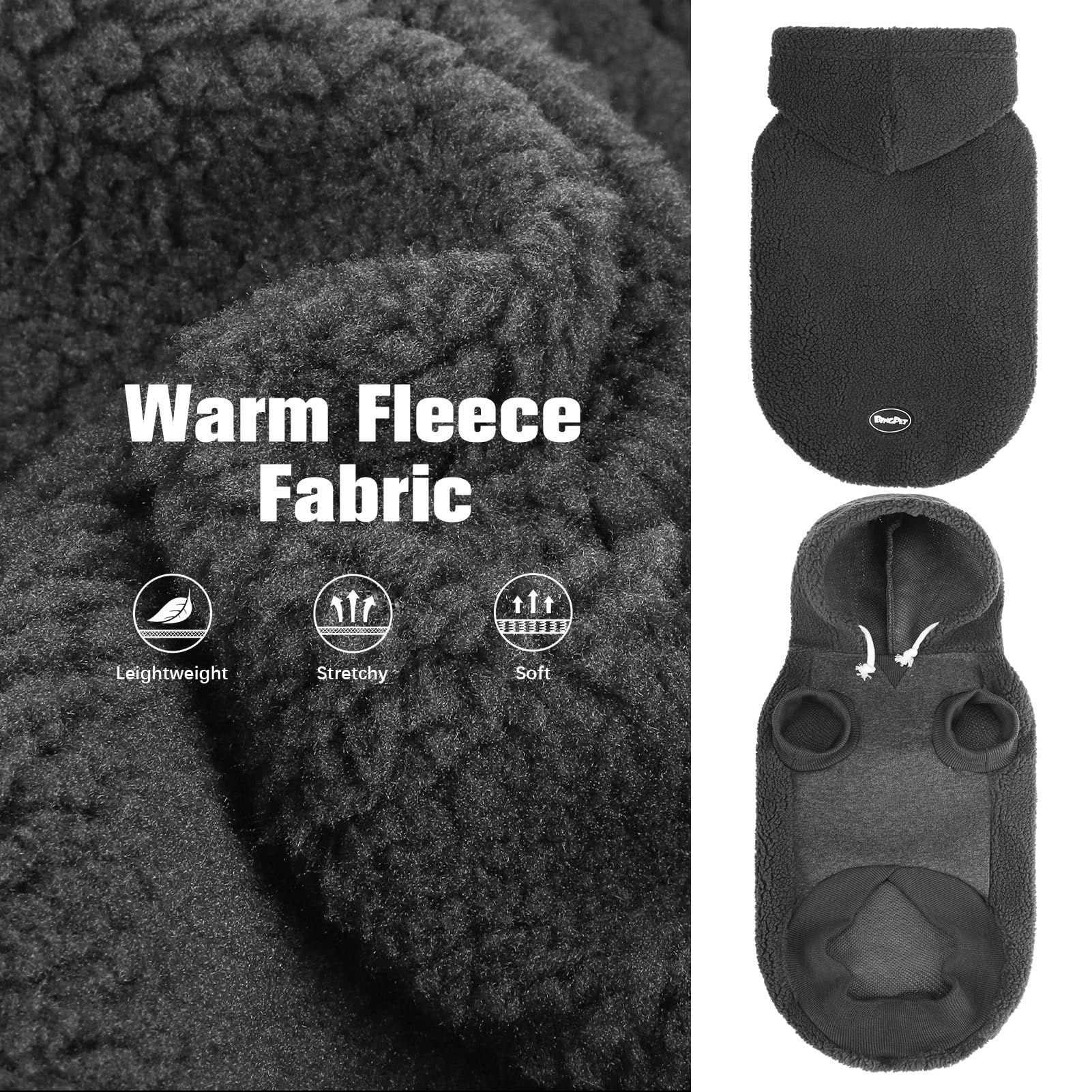 BINGPET dog hoodie gray hood detail highlighting plush fleece warmth