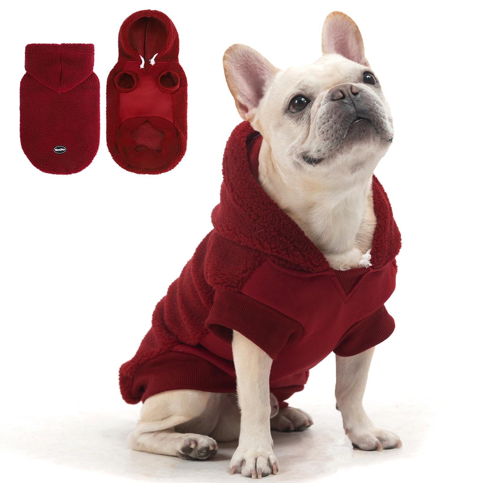 BINGPET dog hoodie red front view showing warm fleece for chilly walks.