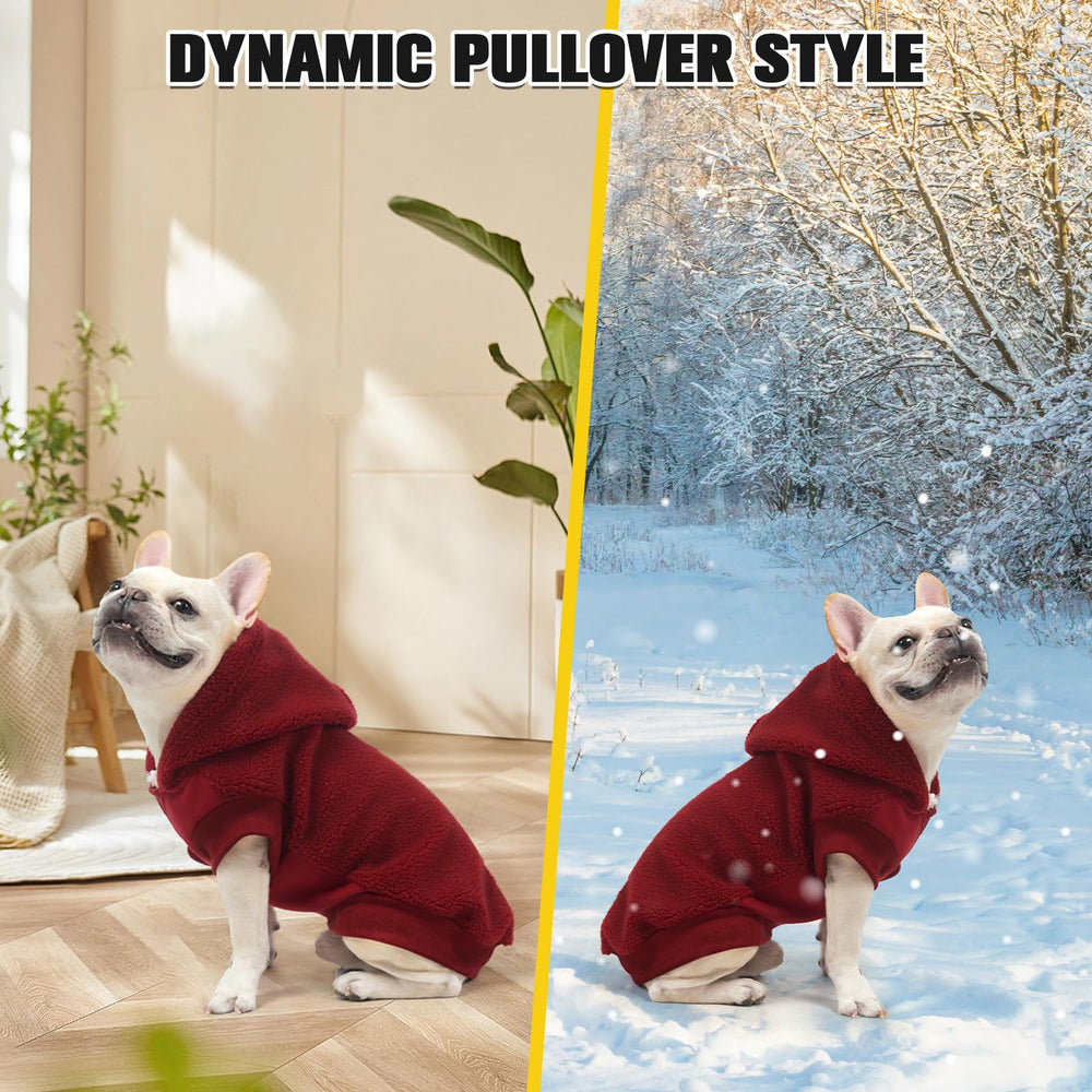 BINGPET dog hoodie red inner fleece warmth with flexible belly panel.