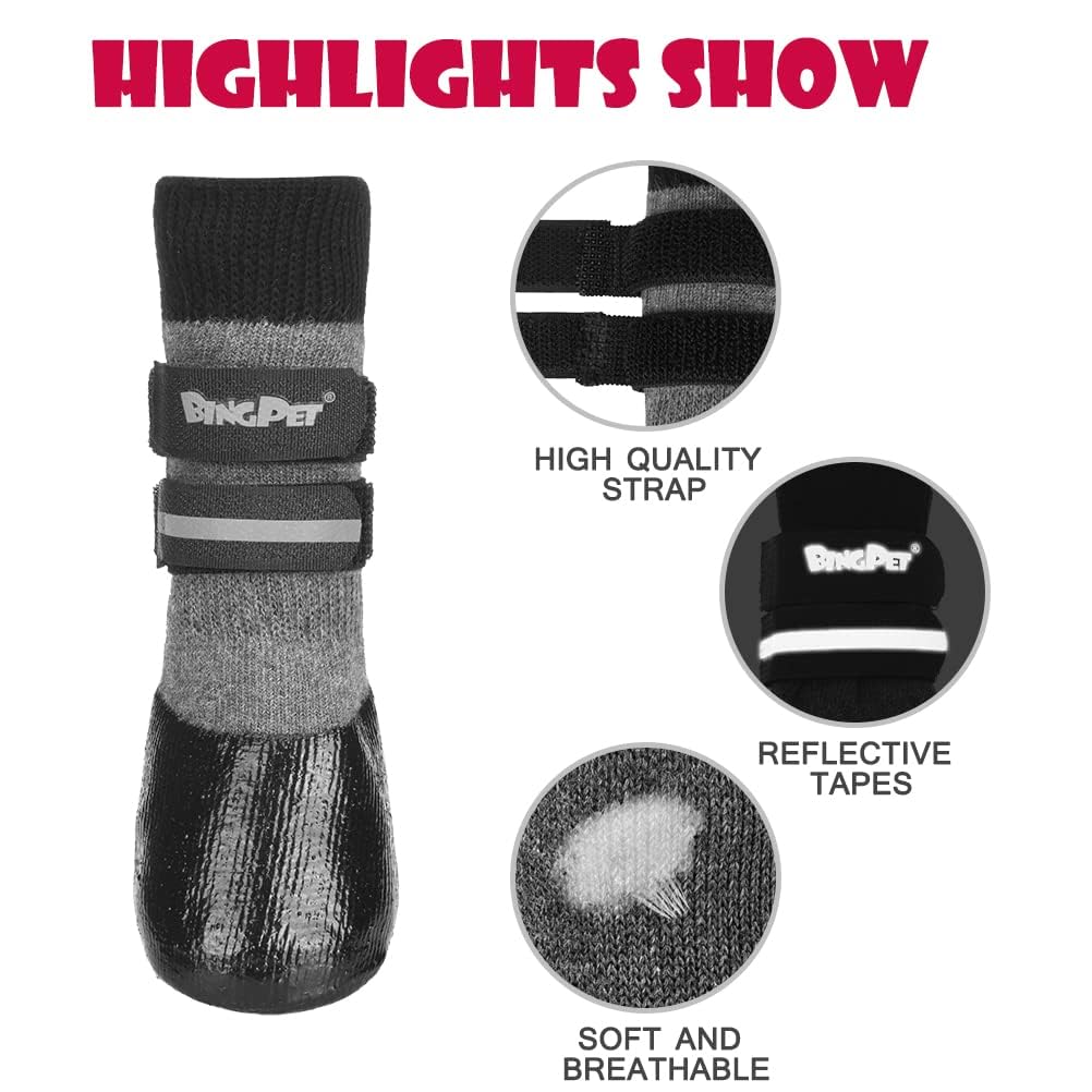 BINGPET dog socks feature adjustable reflective straps for easy on/off and night visibility