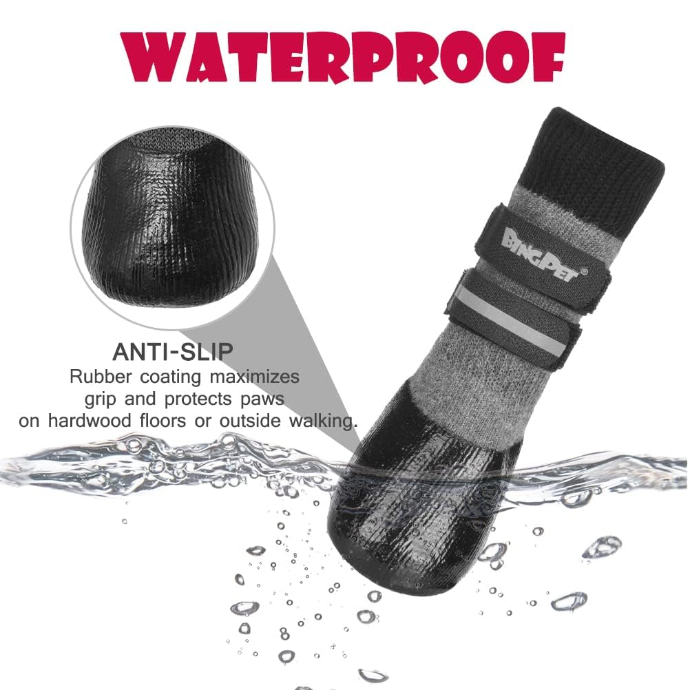 BINGPET dog socks feature waterproof sole for dry paws during rainy walks.