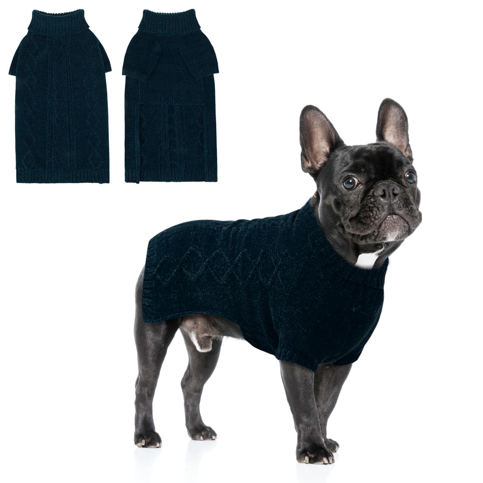BINGPET dog sweater blue turtleneck front view for warmth and style