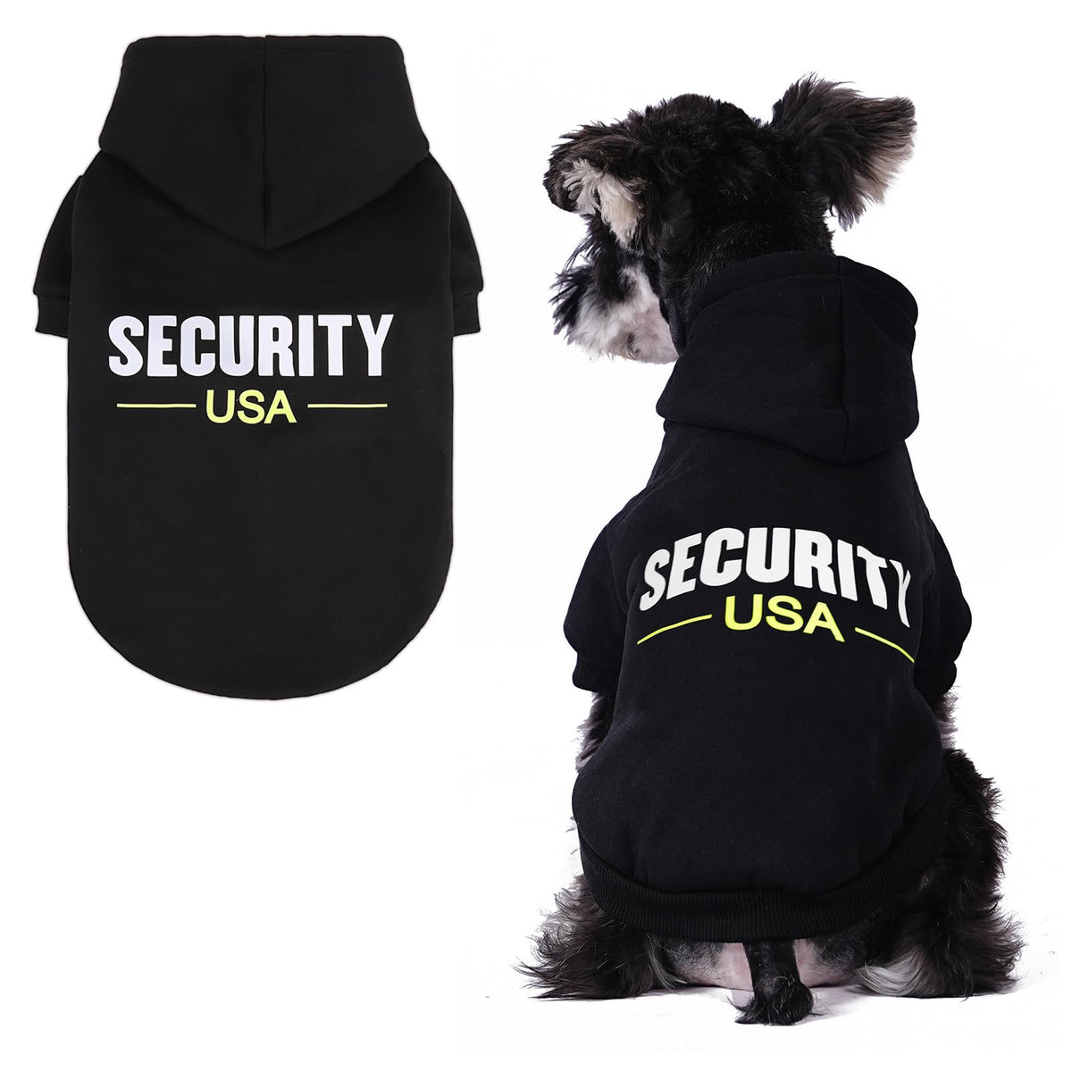 BINGPET Security USA dog sweater back view shows warm fleece for cold walks
