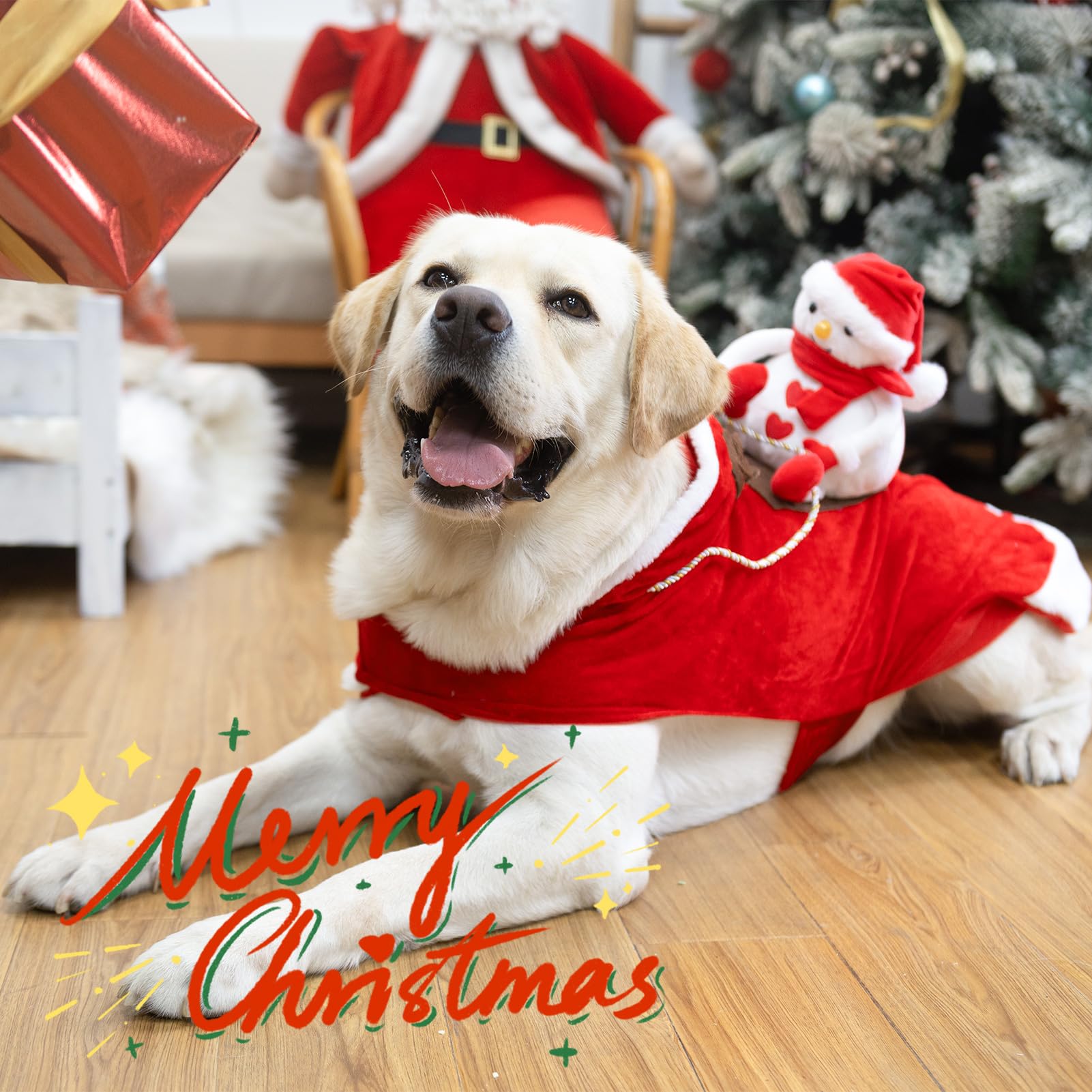 BINGPET Snowman dog costume side view showing saddle style fit and easy wear.