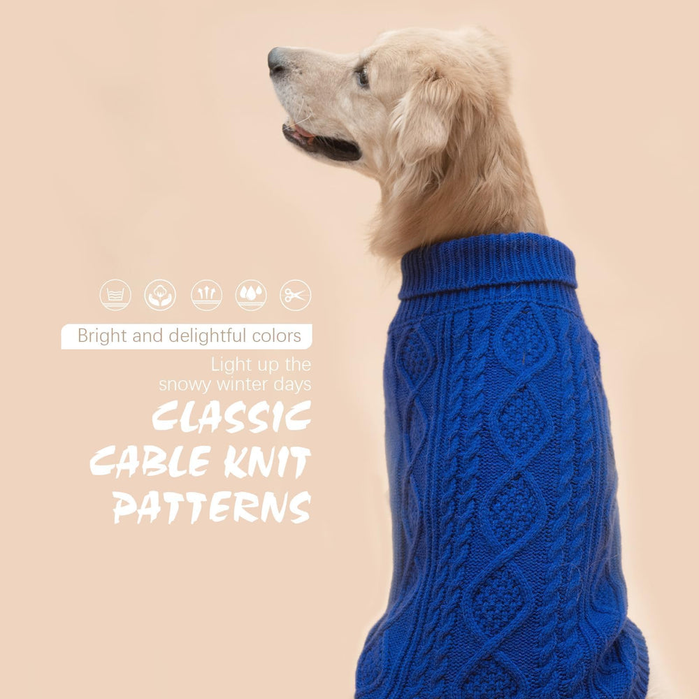BINGPET blue back view showcases cable knit silhouette with cozy warmth