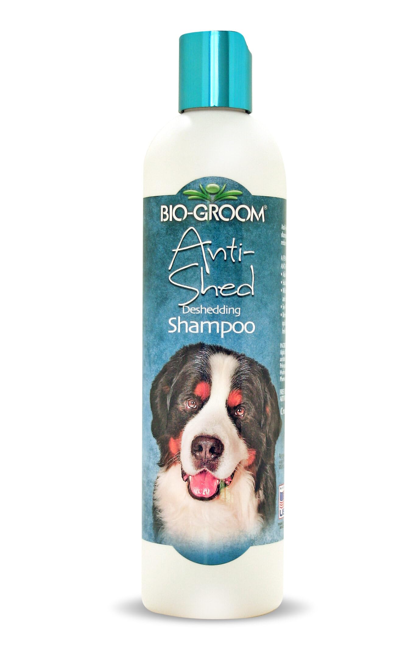 Bio-Groom Anti-Shed Deshedding Shampoo bottle pour demonstrates shedding reduction for dogs
