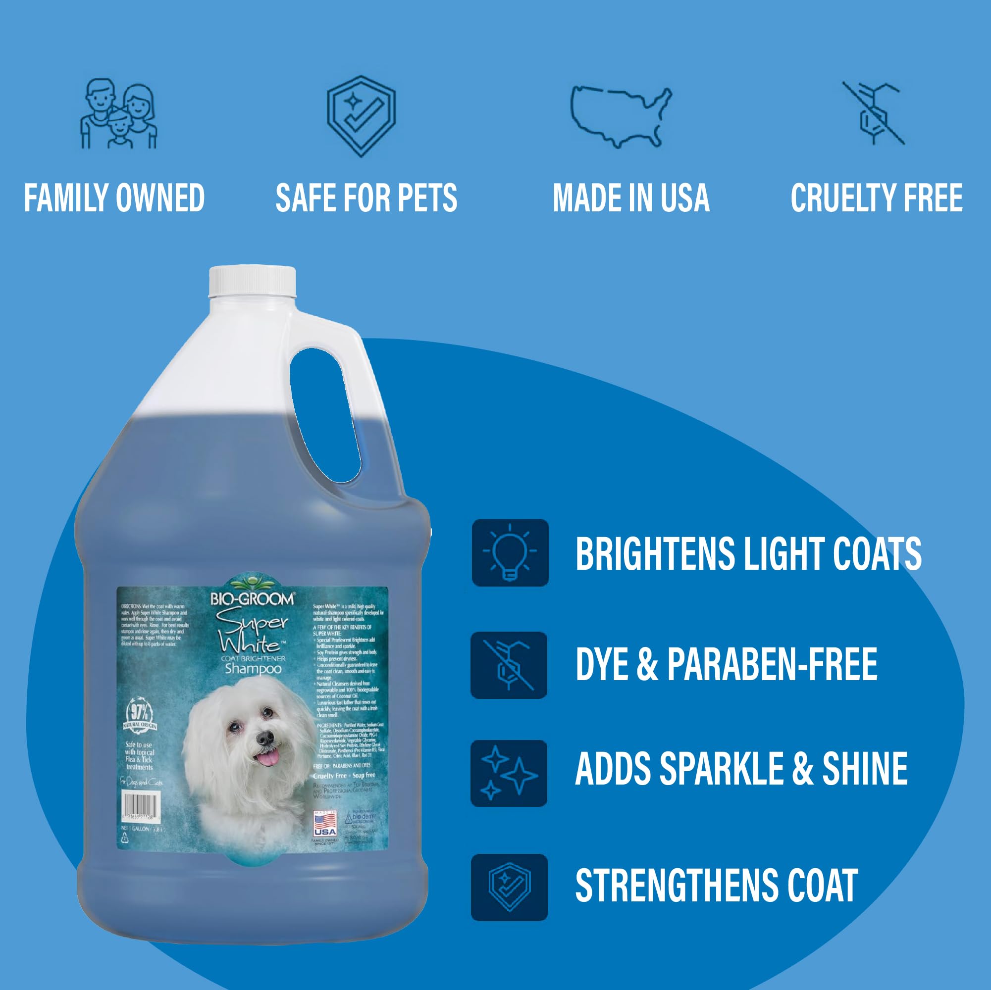Bio-groom champú blanqueador realza pelaje claro con brillo natural.