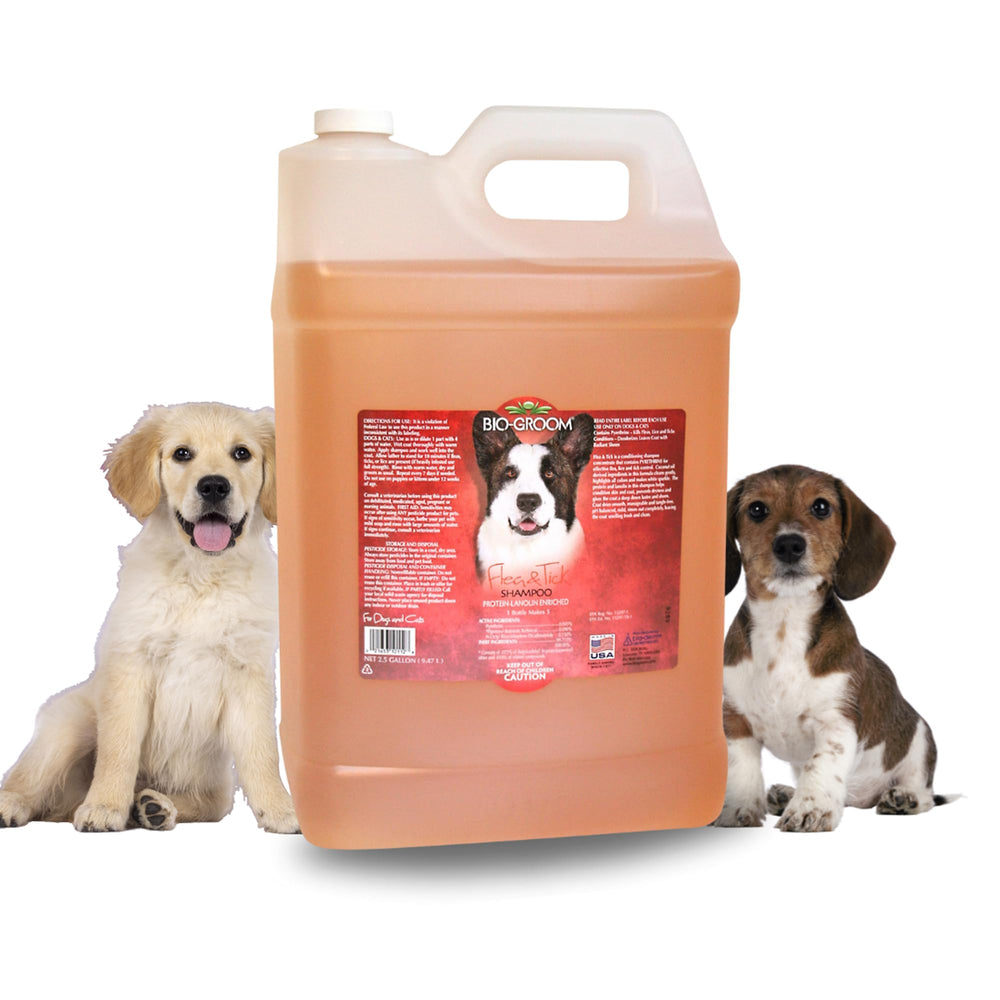 Bio-Groom flea-tick dog shampoo bottle showing natural formula for pets