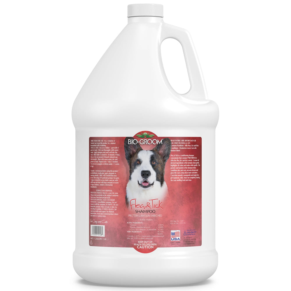 Bio-Groom flea tick protein-lanolin shampoo bottle showing conditioning benefits for dogs and cats.