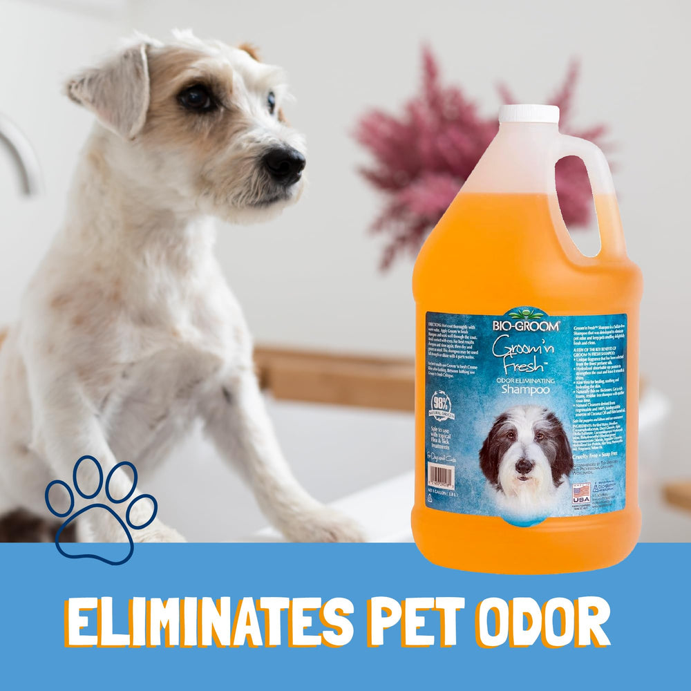 Bio-Groom Groom'n Fresh bottle used on a puppy for gentle cleansing.