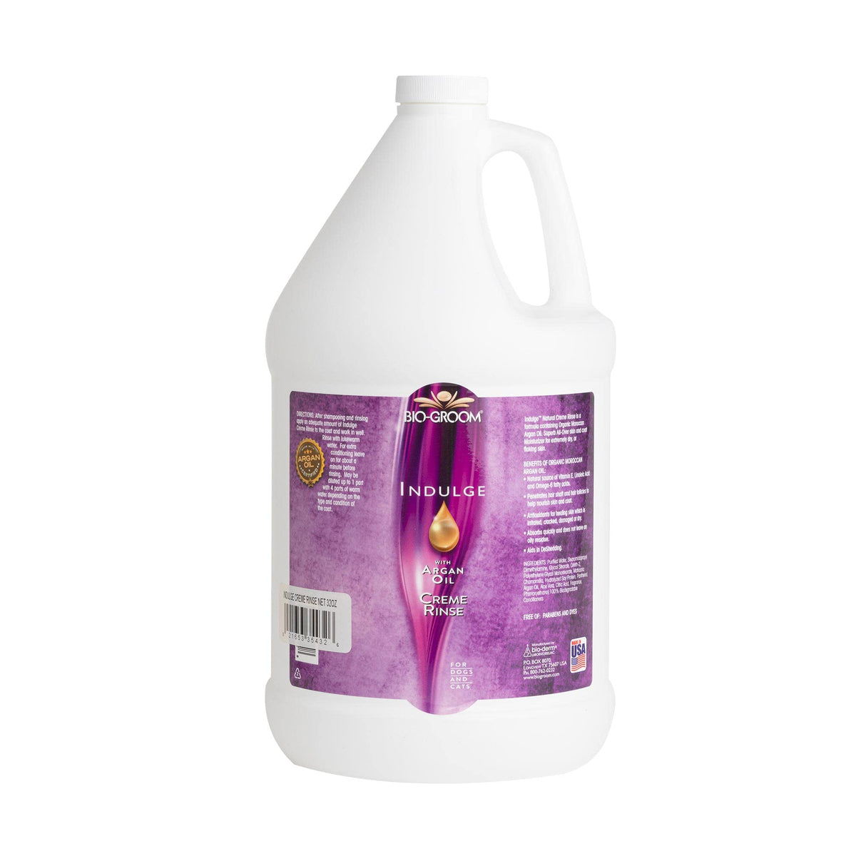 Bio-Groom Indulge Argan Oil Dog Conditioner bottle for hydrated coats and sensitive skin.