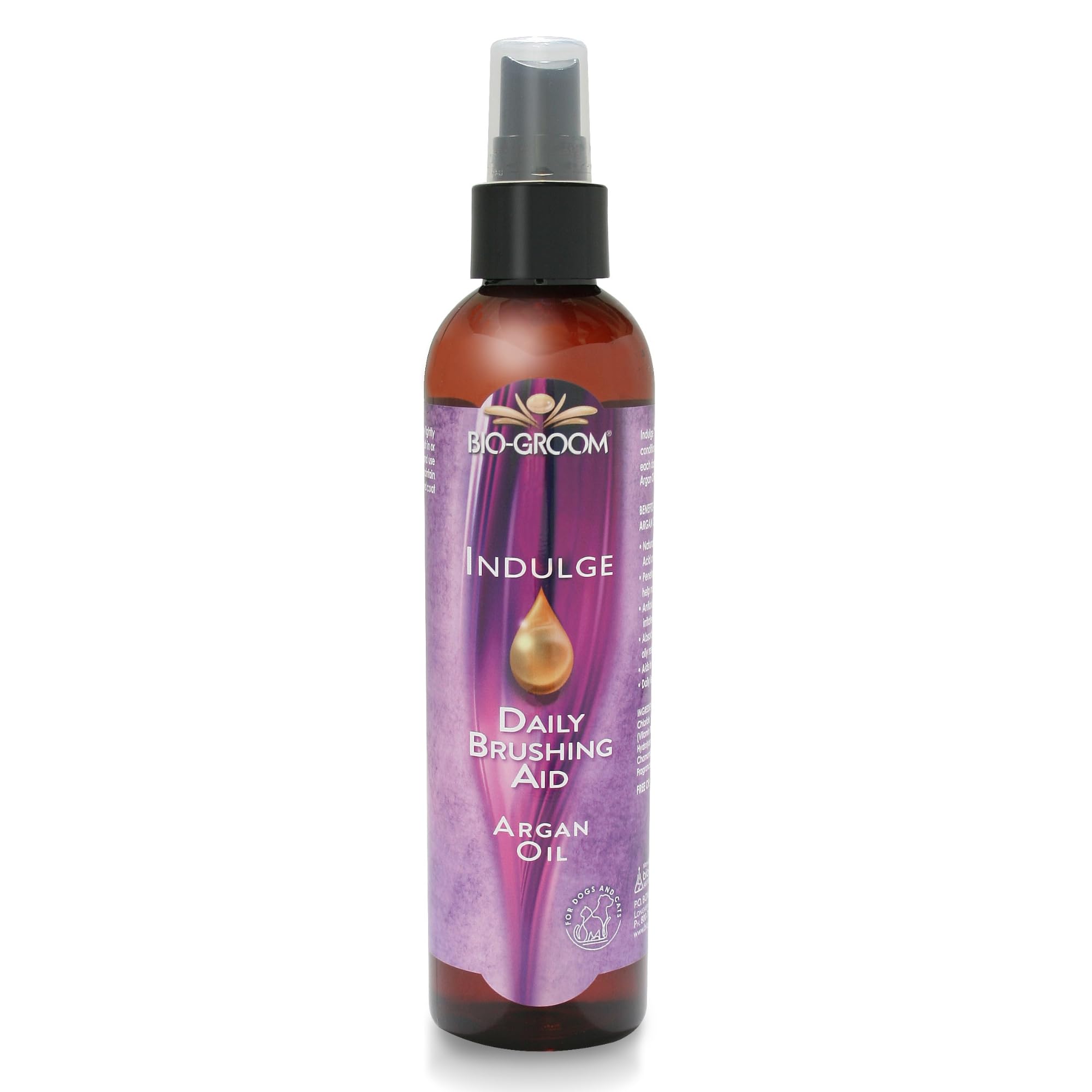 Bio-Groom Indulge Argan Oil bottle showing no-rinse conditioner for quick deshedding
