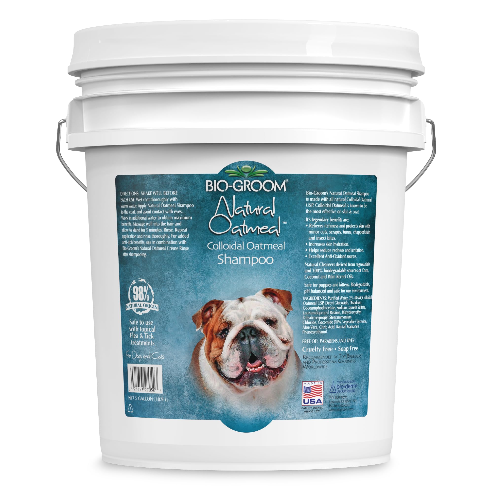 Bio-Groom Oatmeal Dog Shampoo bottle closeup for gentle cleansing on sensitive skin.