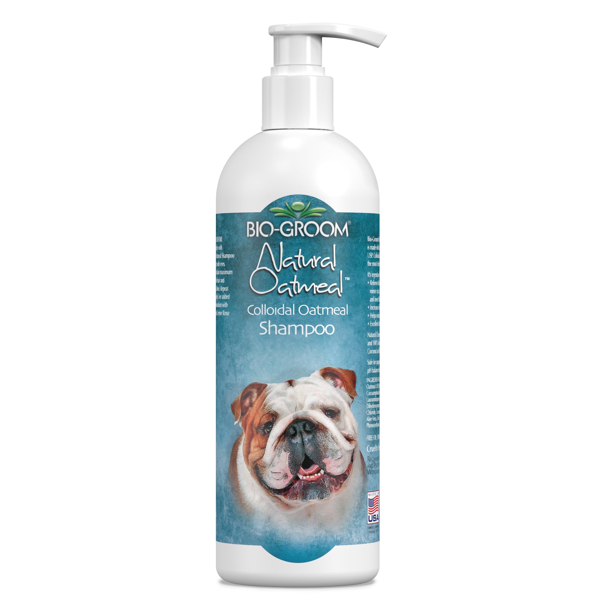 Bio-Groom Oatmeal shampoo front label shows a gentle anti-itch formula for sensitive skin.