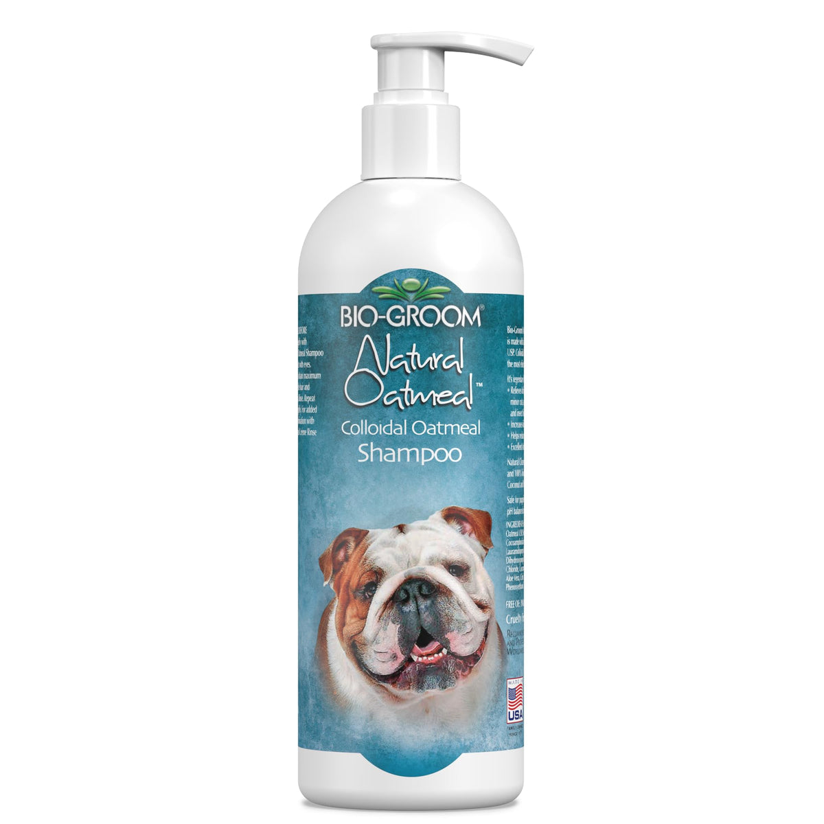 Bio-Groom Oatmeal shampoo front label shows a gentle anti-itch formula for sensitive skin.