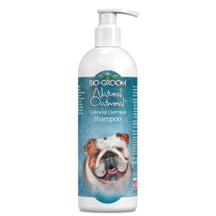 Bio-Groom Oatmeal shampoo front label shows a gentle anti-itch formula for sensitive skin.