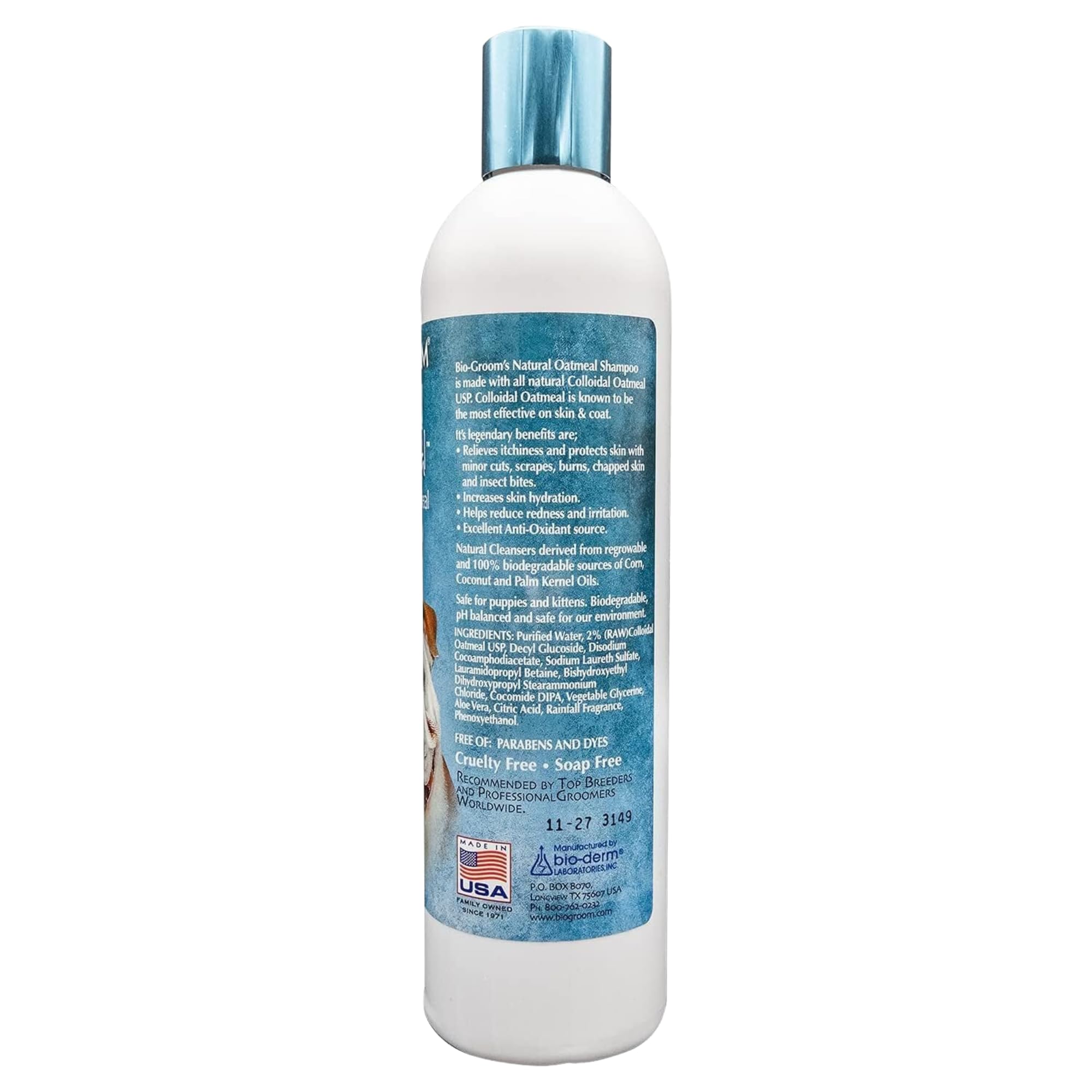 Bio-Groom Oatmeal Dog Shampoo being poured demonstrates gentle cleansing for sensitive skin