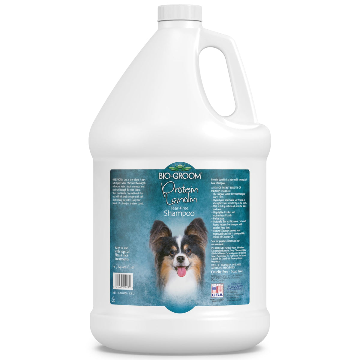 Bio-Groom Protein Lanolin Dog Shampoo bottle pours for a tear-free bath.