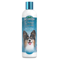 Bio-Groom Protein Lanolin Dog Shampoo bottle highlights tear-free cleansing for pets.