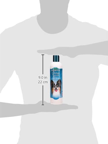 Bio-Groom Protein Lanolin Dog Shampoo dog bath scene emphasizing tear-free cleansing.