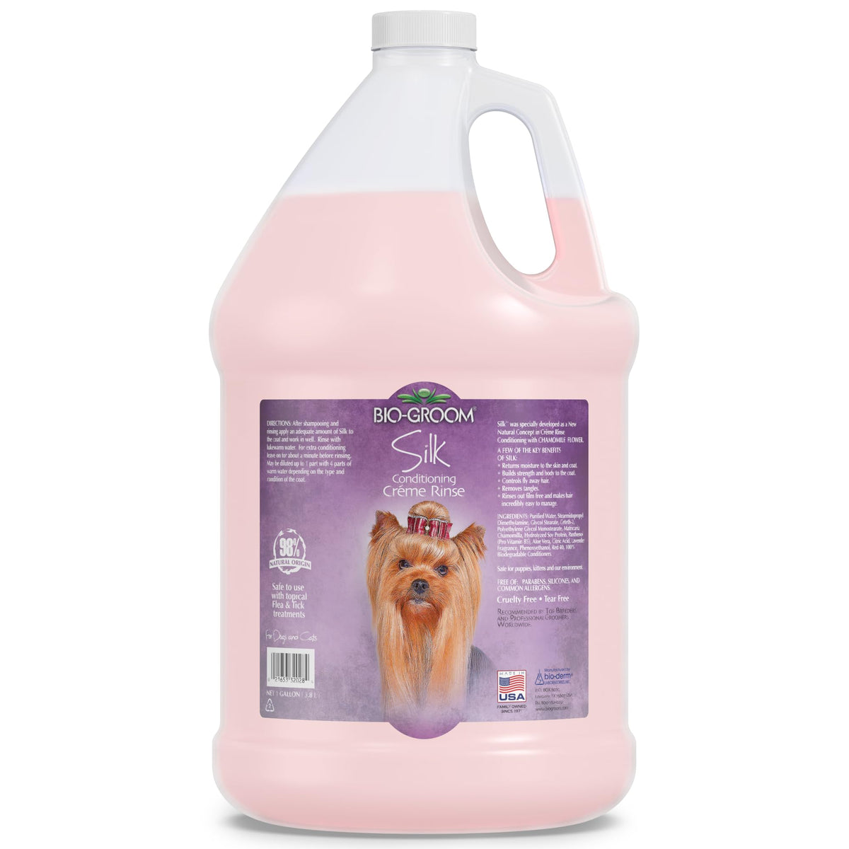 Bio-Groom Silk Creme Rinse bottle pouring for a gentle detangler