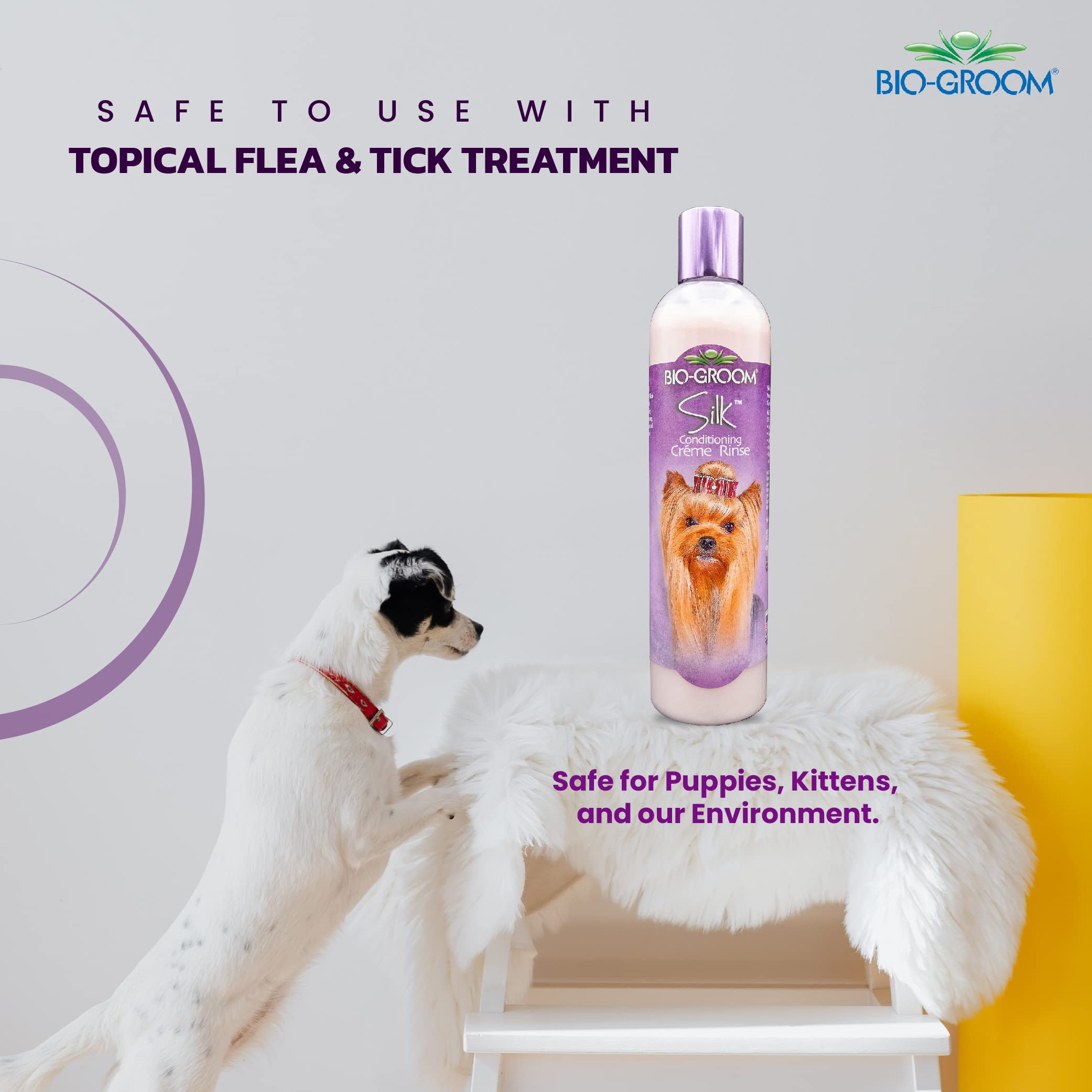 Bio-Groom Silk Creme Rinse coat close-up shows a smooth, easy-brush finish.