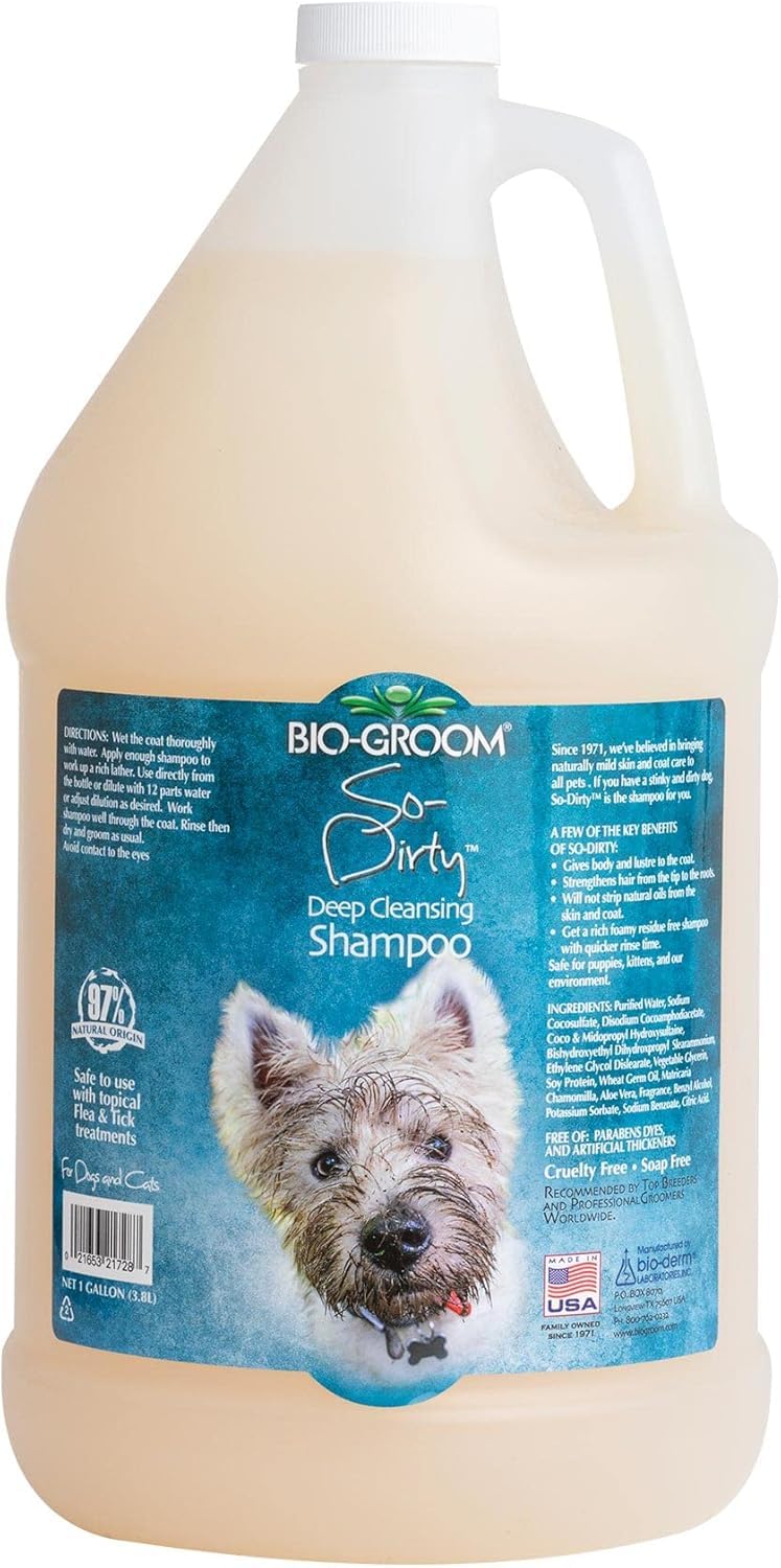 Bio-Groom So-Dirty Dog Shampoo bottle shows quick rinse action for faster baths.