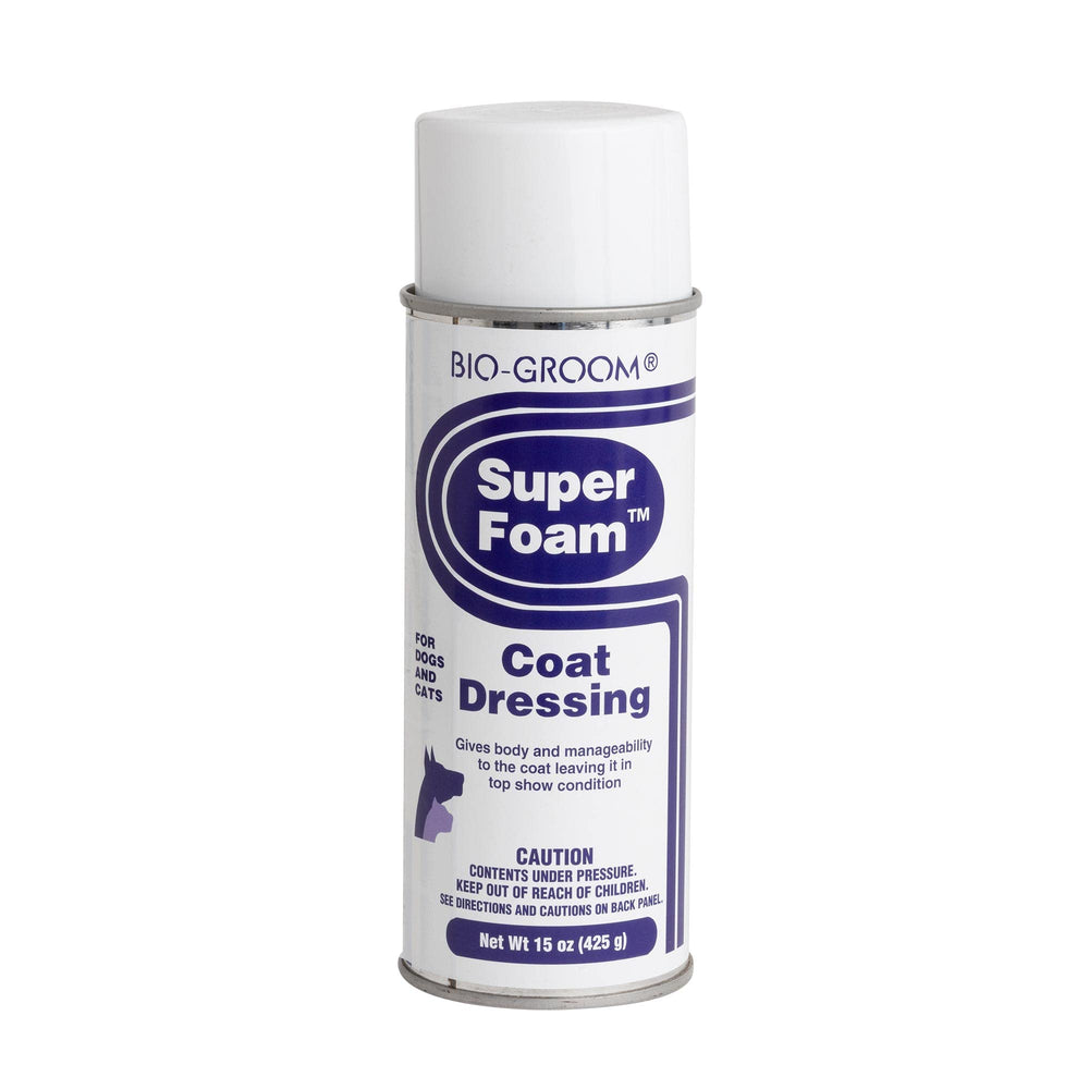 Bio-Groom Super Foam Coat Dressing bottle shown for detangling and conditioning without heaviness