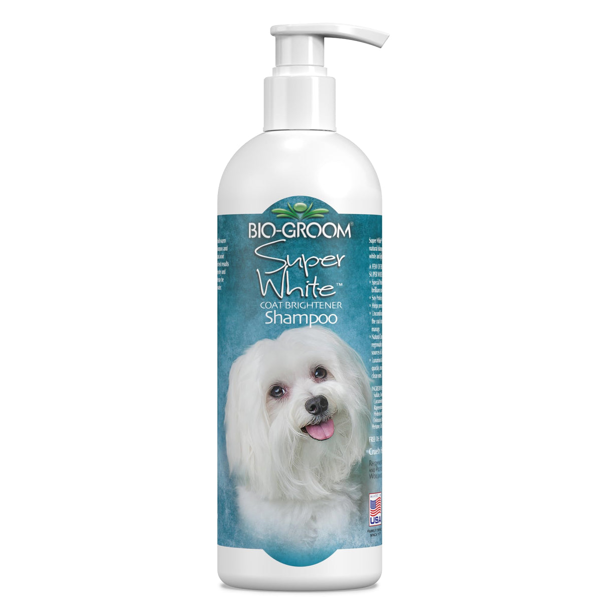Bio-Groom Super White Shampoo bottle pouring with bright lather for whitening effect