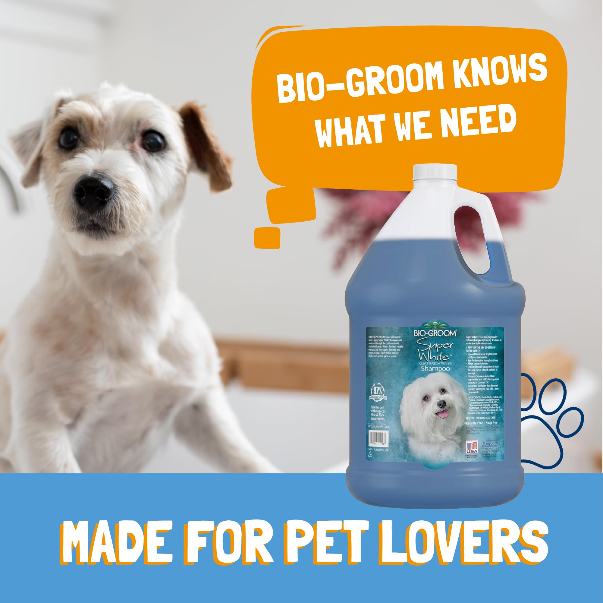 Bio-Groom Super Whitening dog closeup emphasizes gentle care for puppies and pets