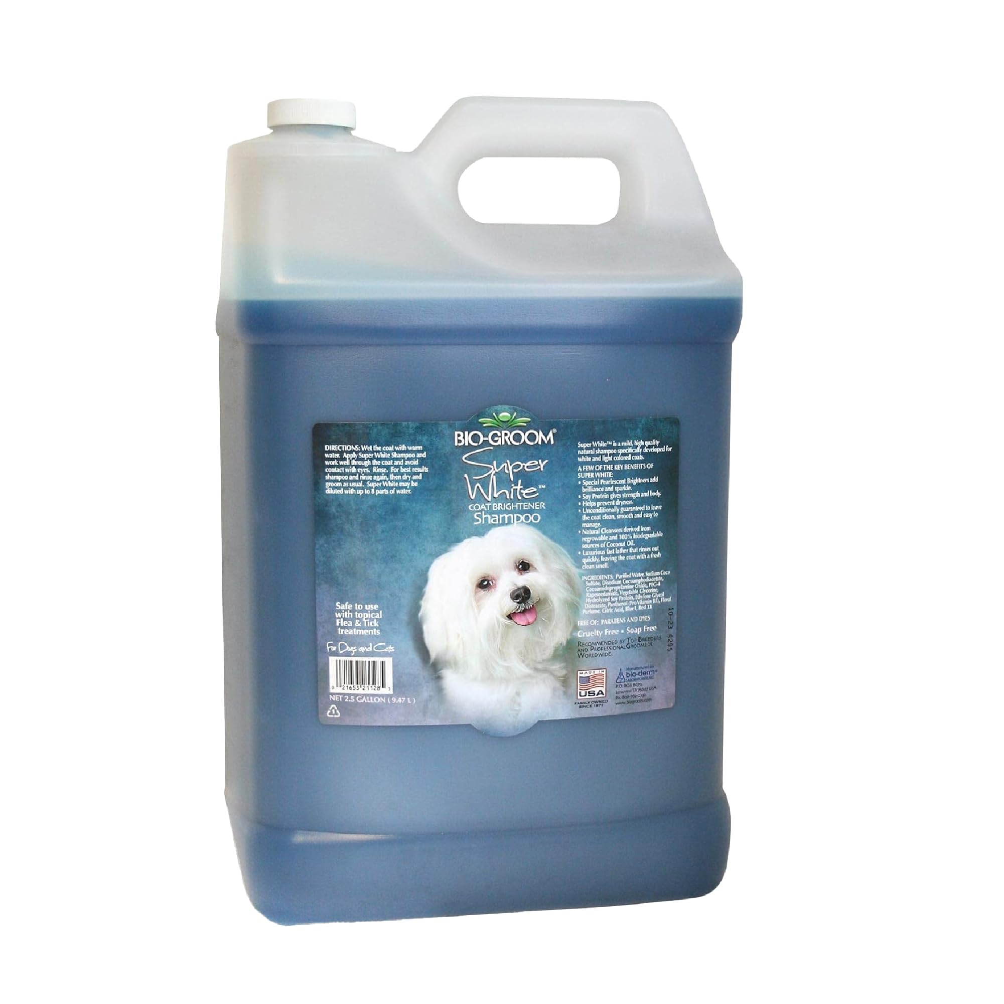 Bio-Groom Super Whitening Dog Shampoo bottle closeup highlighting color-safe whitening potential