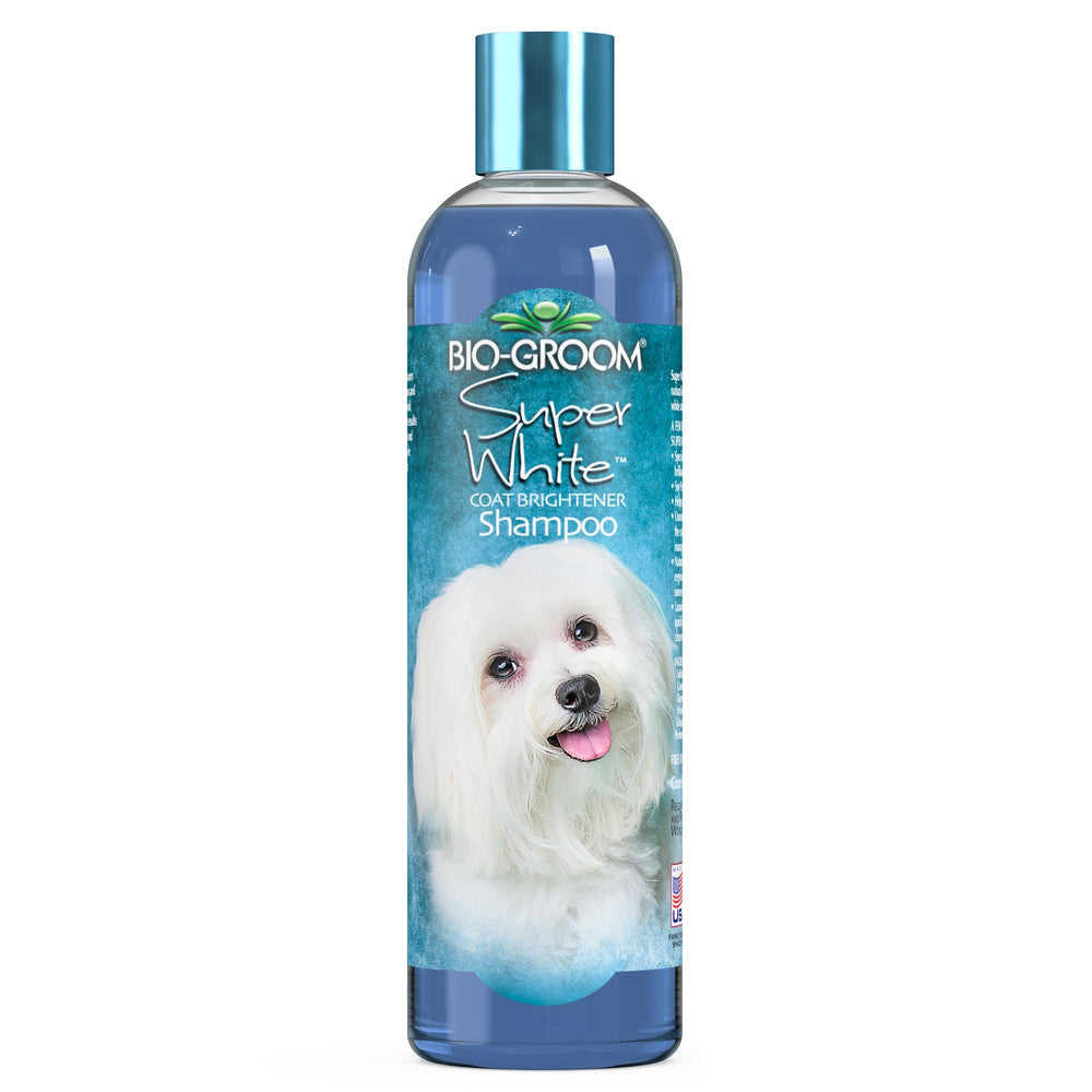Bio-Groom Super Whitening Dog Shampoo bottle showing color-enhancing wash for light coats