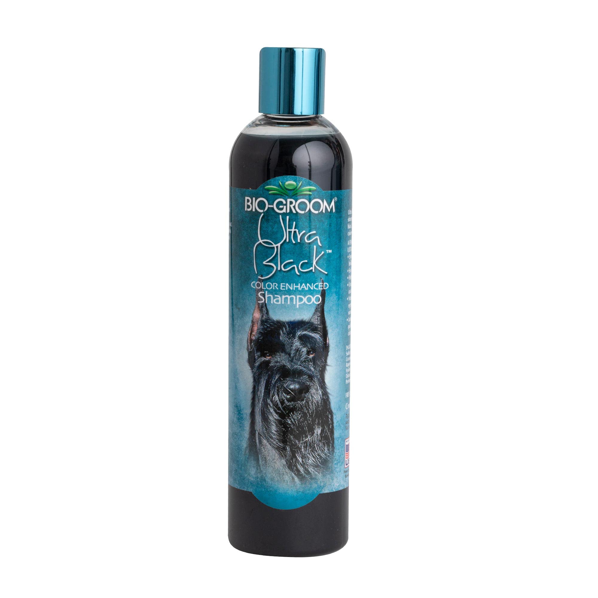 Bio-Groom Ultra-Black Dog Shampoo bottle highlights color-enhancing formula for dark coats.