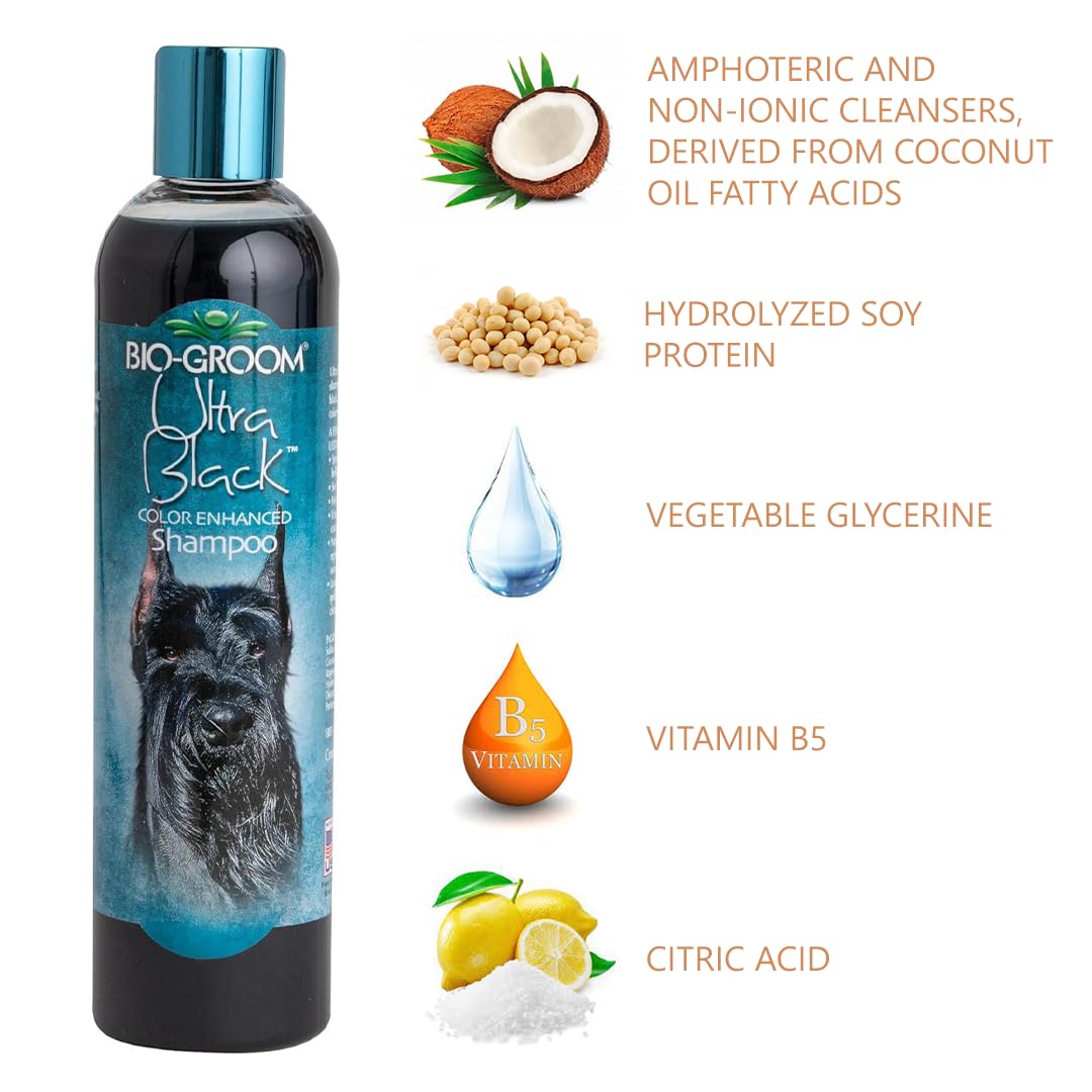 Bio-Groom Ultra-Black Dog Shampoo pour demonstrates quick-rinse action for busy pet owners.