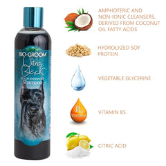 Bio-Groom Ultra-Black Dog Shampoo pour demonstrates quick-rinse action for busy pet owners.