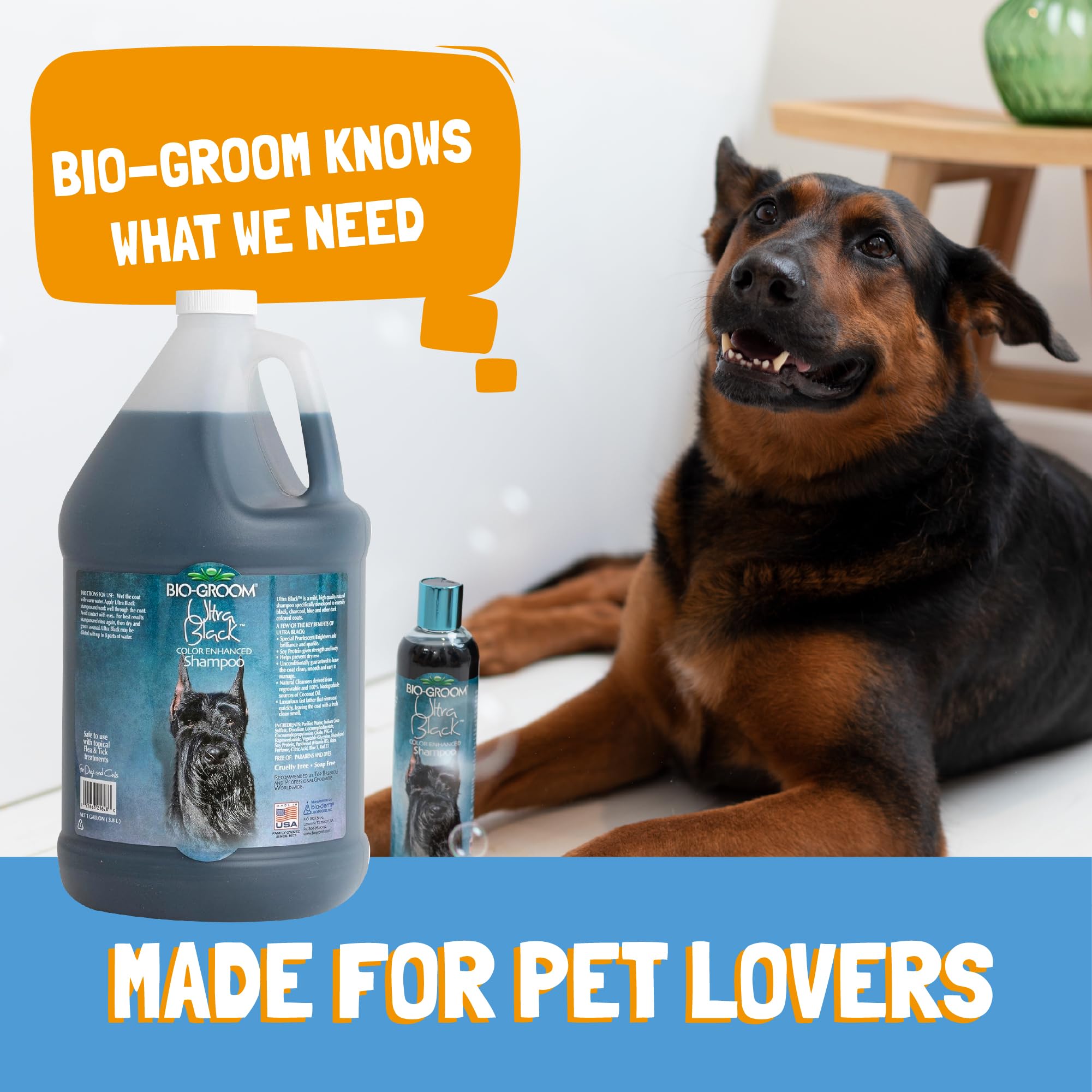 Bio-Groom Ultra-Black Shampoo label highlights cruelty-free and paraben-free benefits