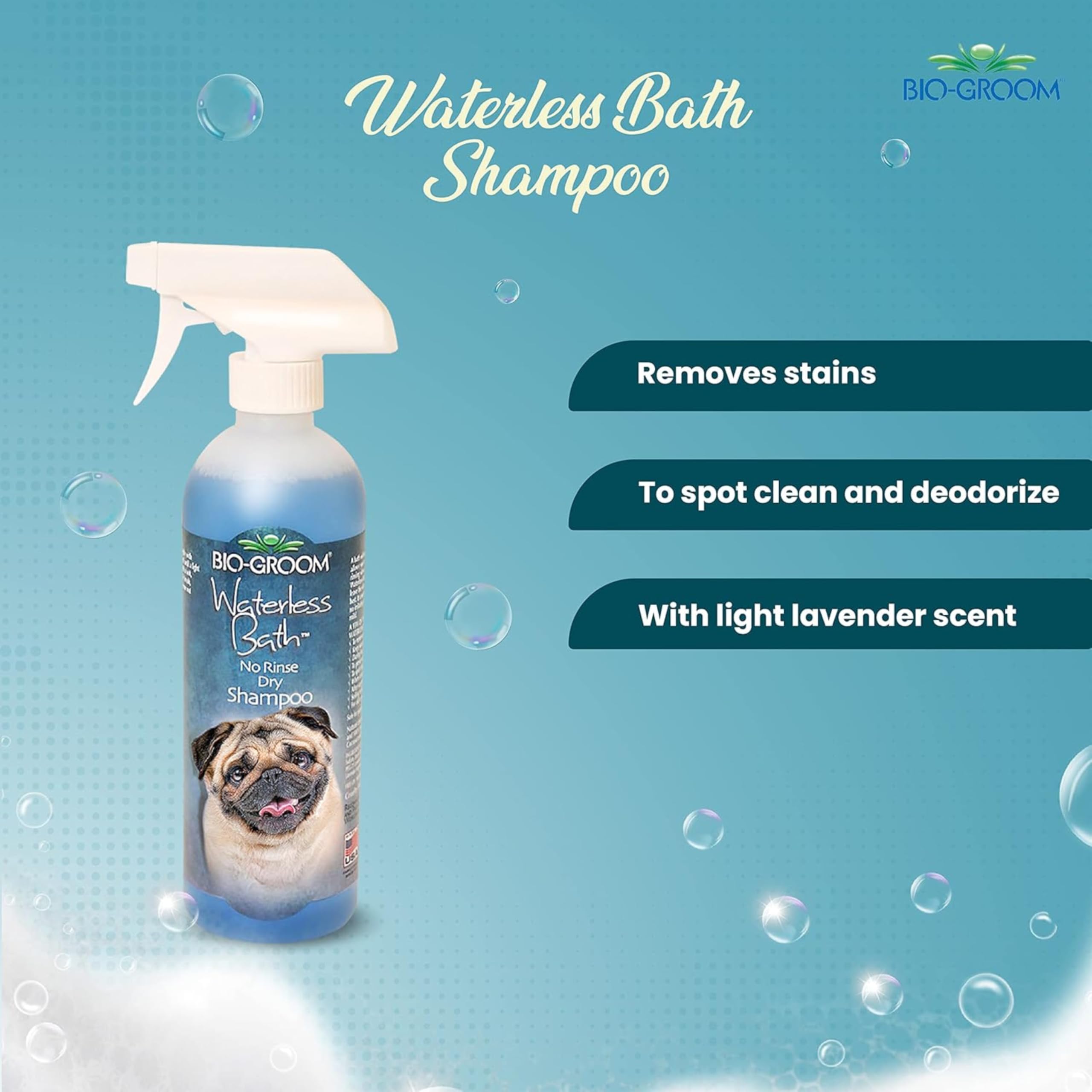 Bio-Groom Waterless Dog Shampoo spot-cleaning scene deodorizes between baths.