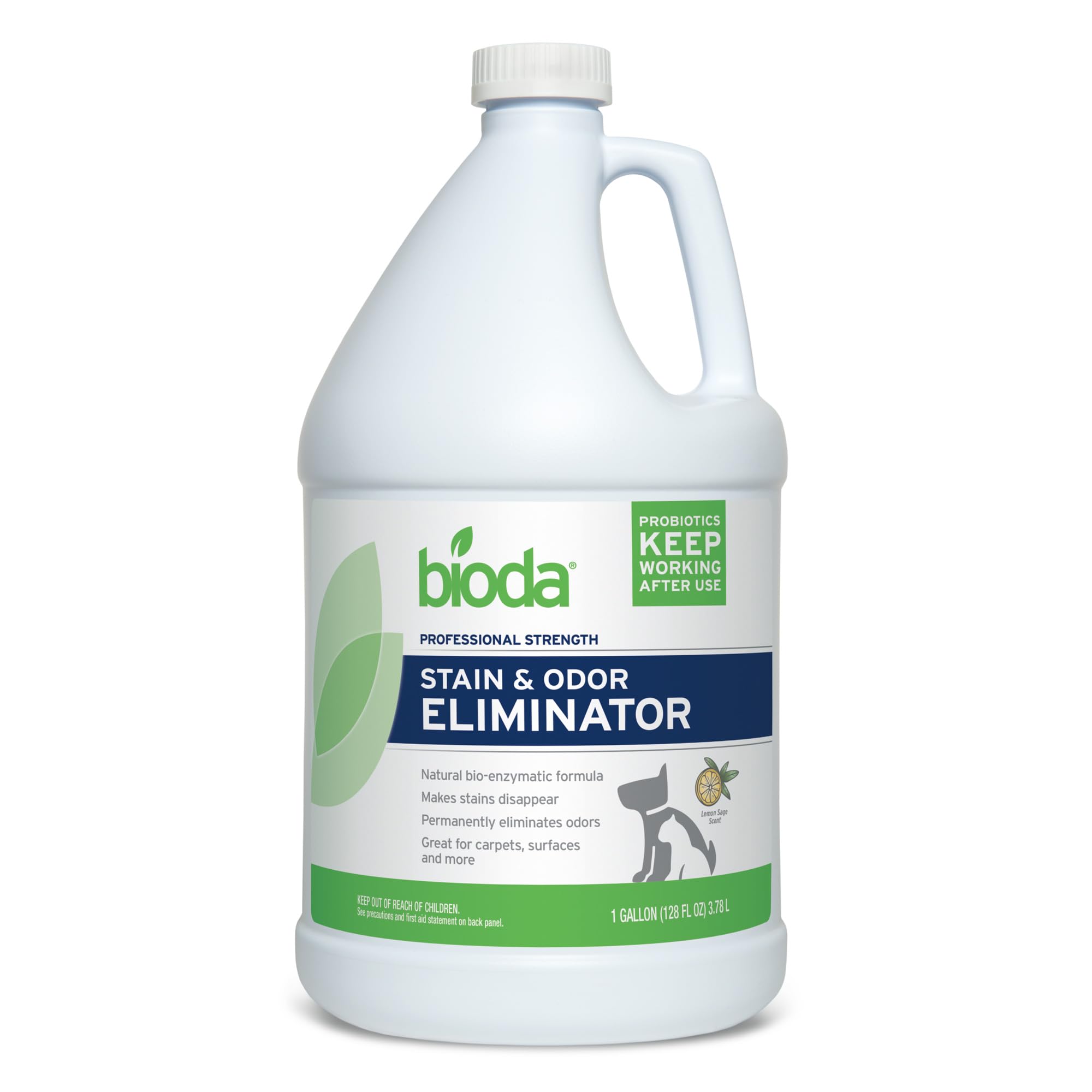 Bioda Pet Stain Eliminator bottle demonstrates enzyme action for pet odors and stains.