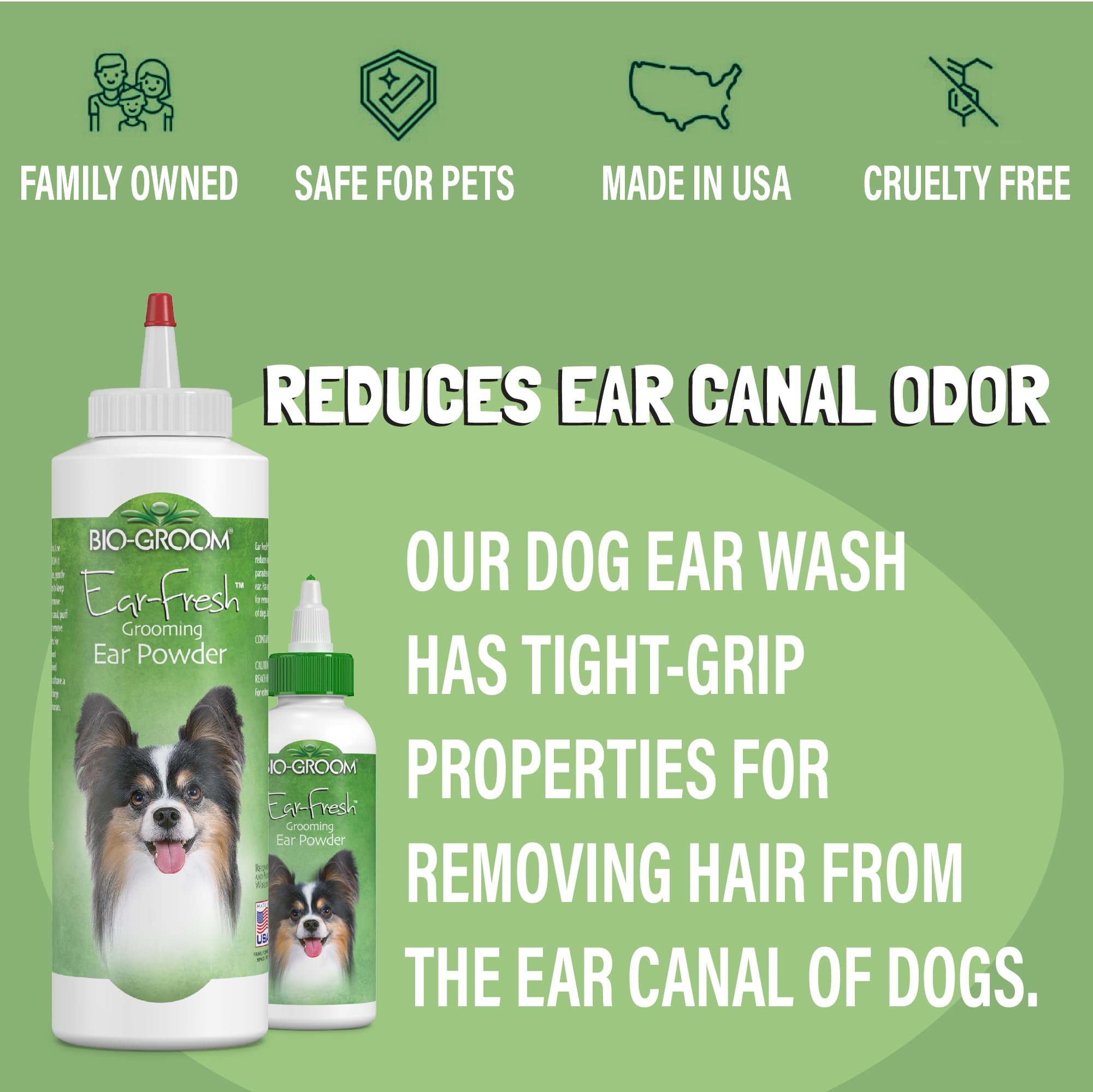 Bio-Groom Ear-Fresh funnel-tip dispenser enables precise, mess-free ear care.