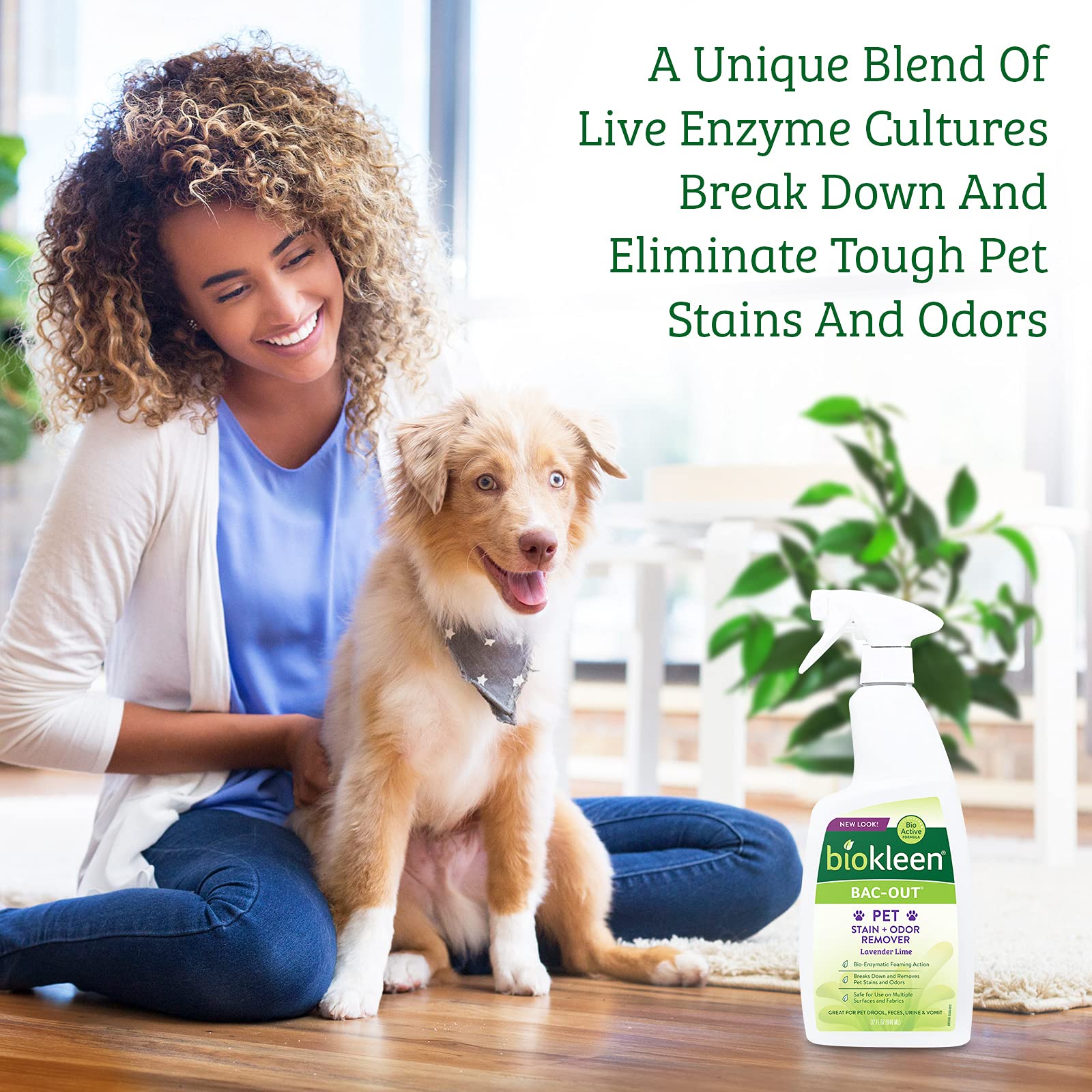 Biokleen Bac-Out on couch fabric delivers fresh scent with enzyme action.