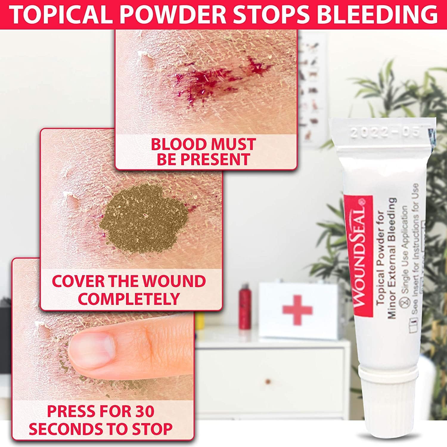 Biolife WoundSeal powder application on skin forms a protective seal over minor openings.