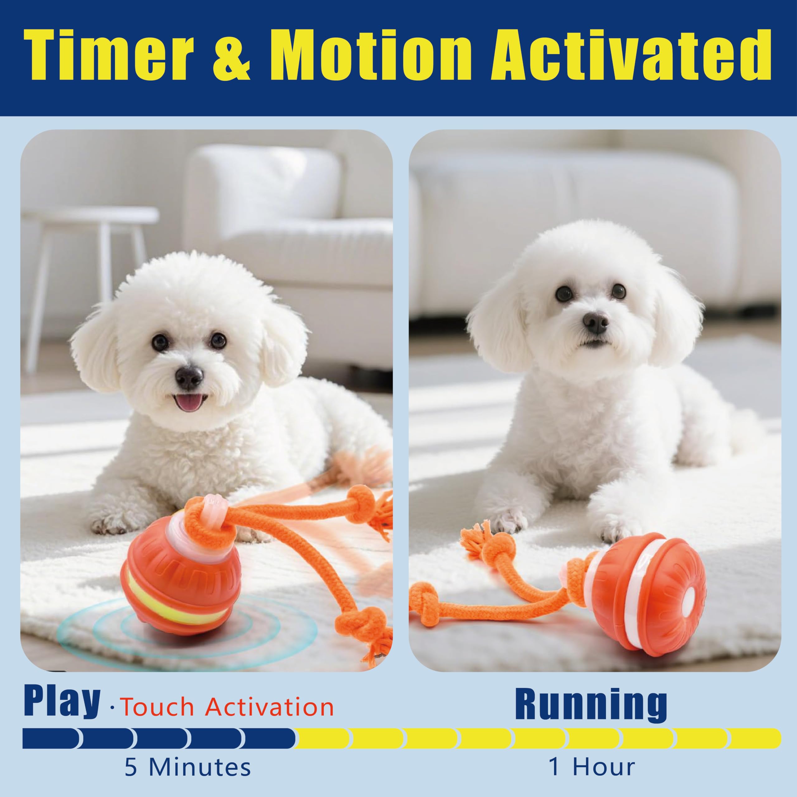 BIONEMAGILI self-rolling dog ball blue LED indicator shows charging status during playtime