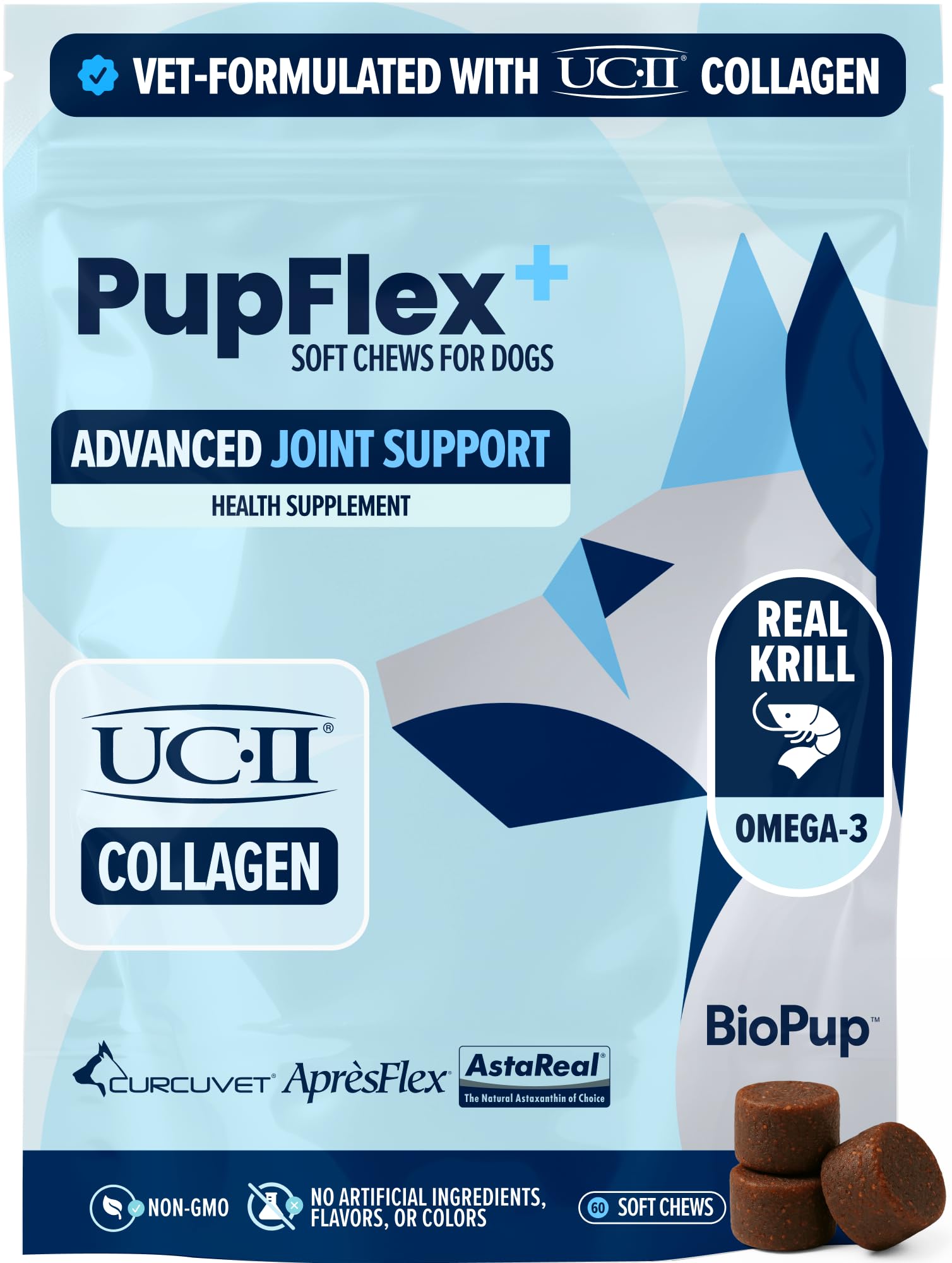BioPup PupFlex bottle front showing joint support for aging dogs' mobility