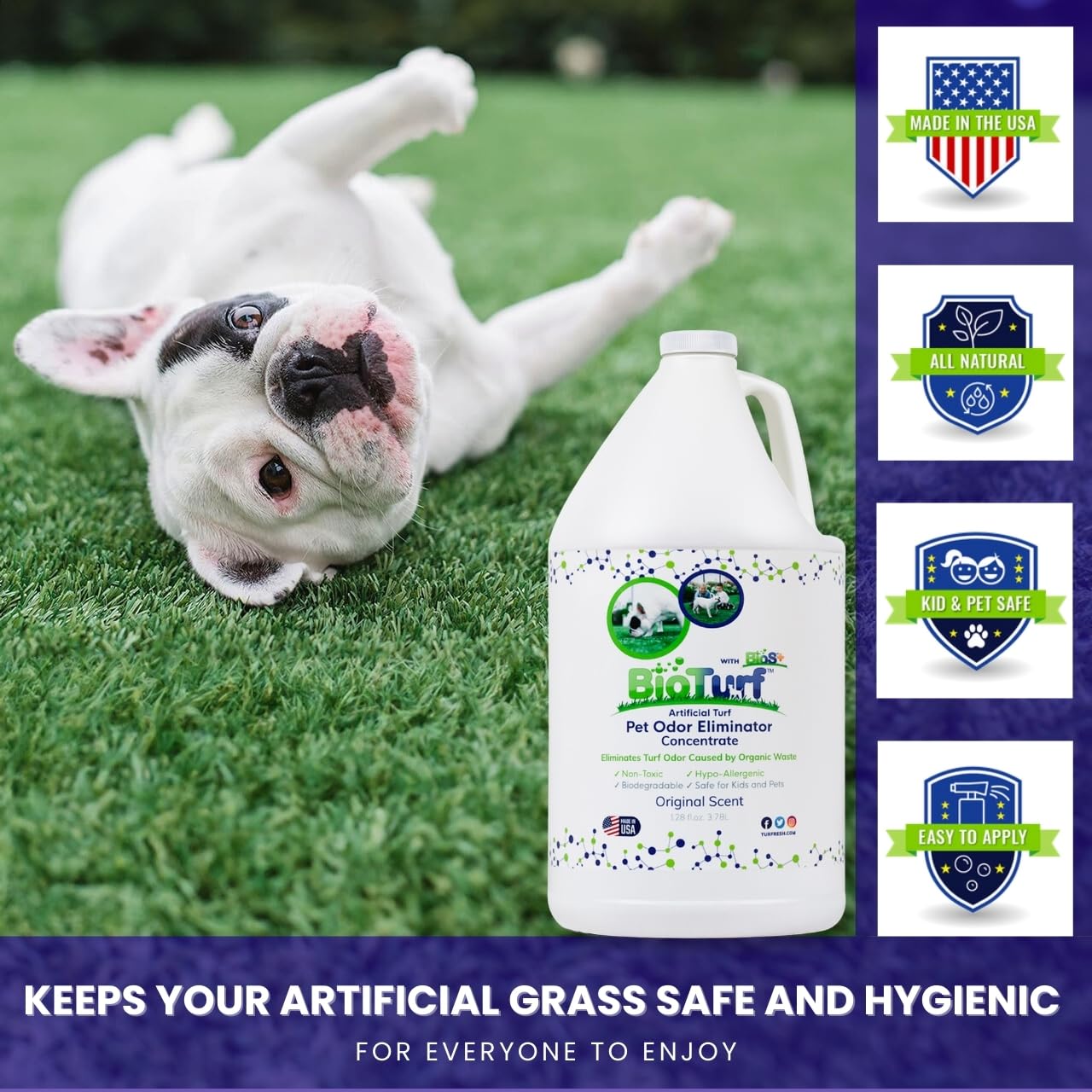 BioS+ artificial turf cleaning highlights odor elimination without surface damage.