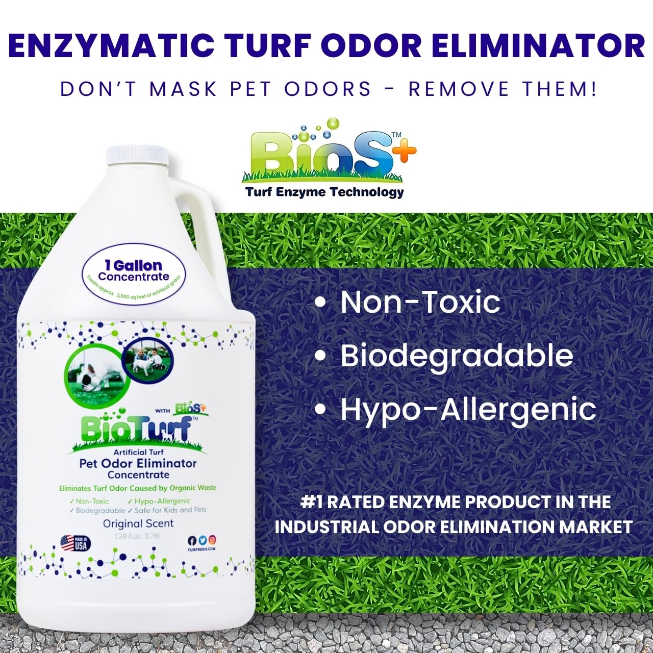BioS+ outdoor yard application on turf demonstrates safe, effective odor removal.