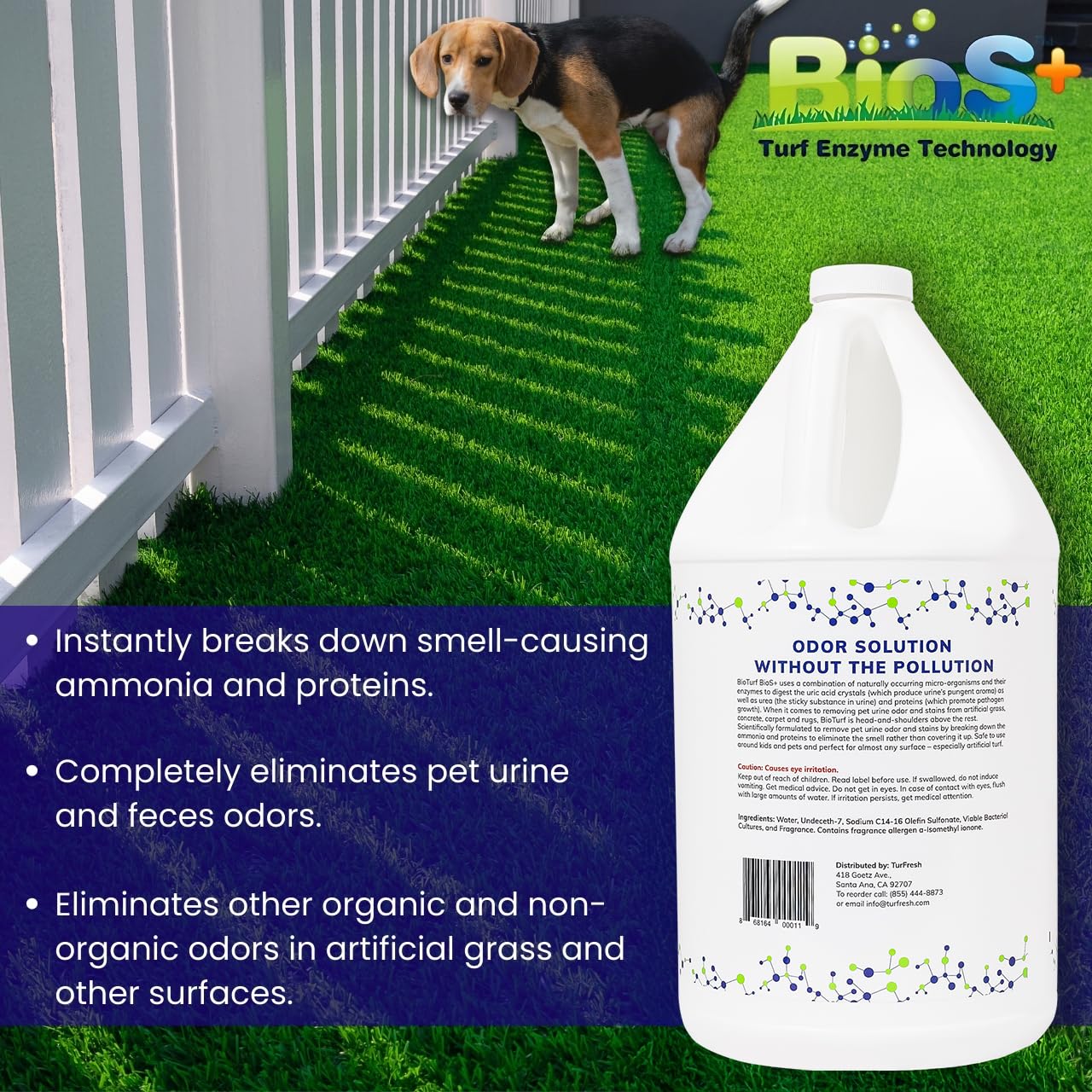 BioS+ pet-safe formula emphasizes child and pet-friendly odor control outdoors.