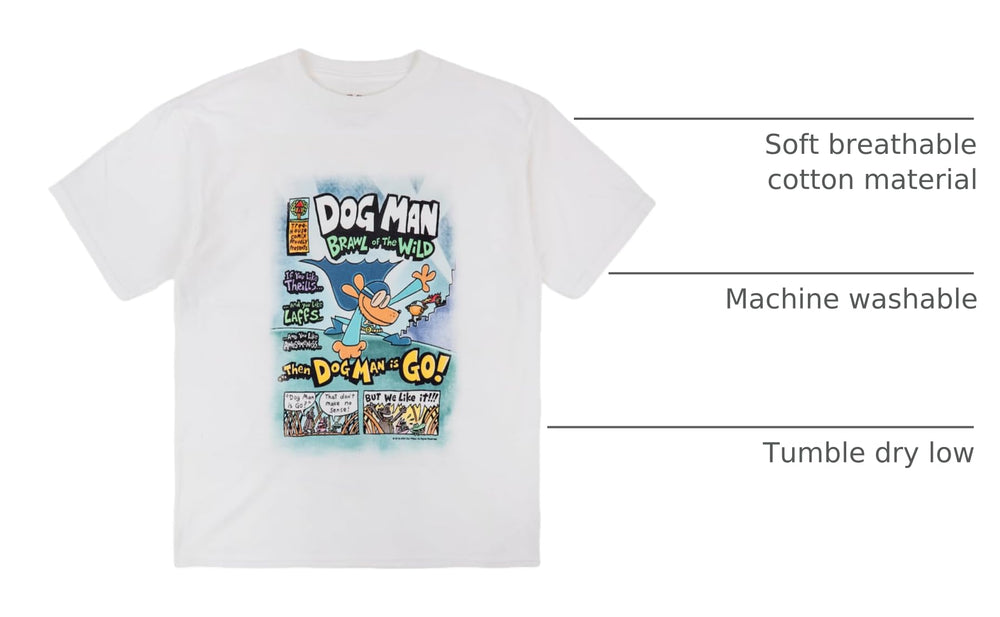 Bioworld Dog Man youth tees flatlay highlighting colorful outfits.
