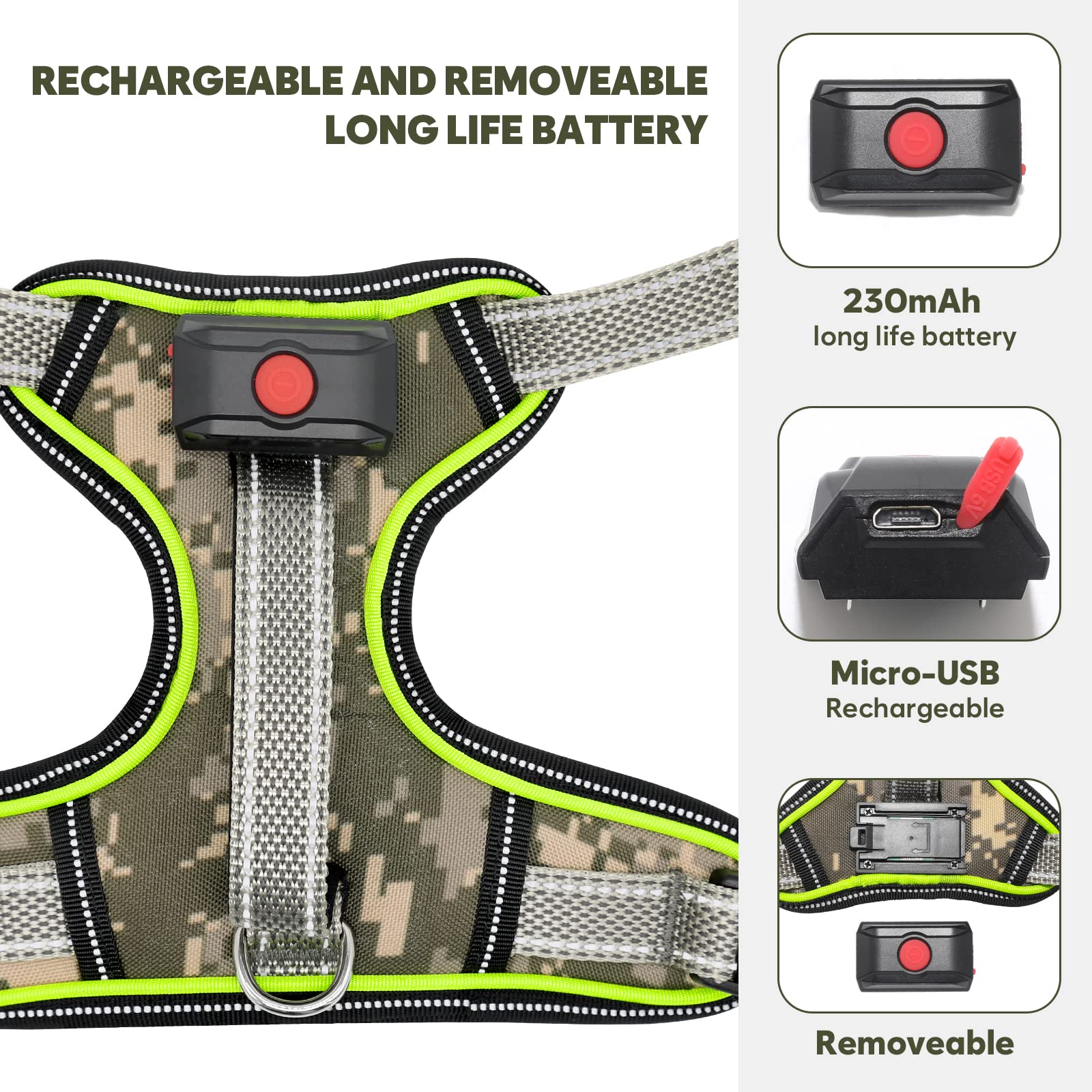 BiPawTi LED dog harness with removable rechargeable battery for long walks