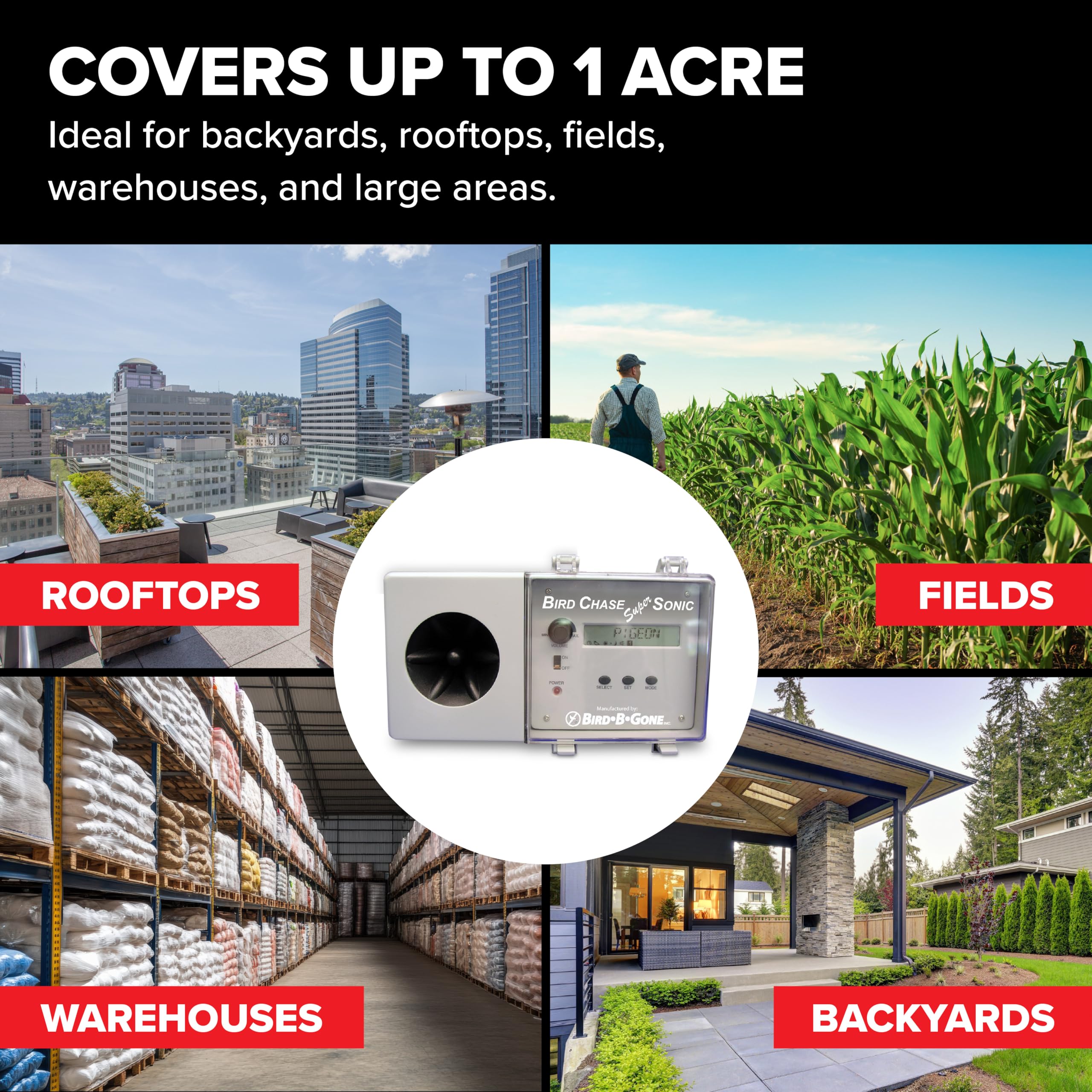 Multiple speakers on Bird Chase Super Sonic cover up to five acres.